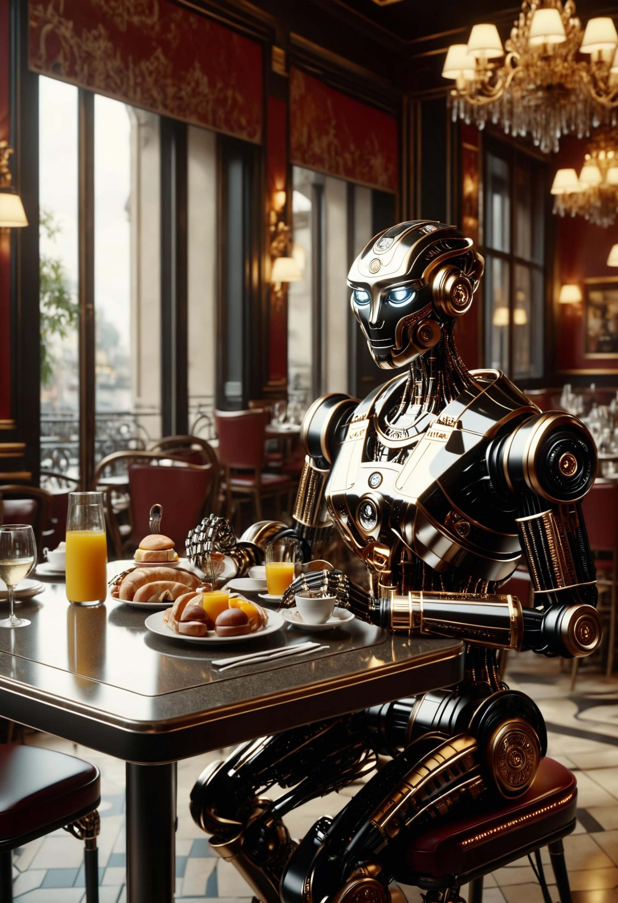 a dvr-frft robot having breakfast in a posh french restaurant,  cinematic lighting,  4k on Tensor.Art