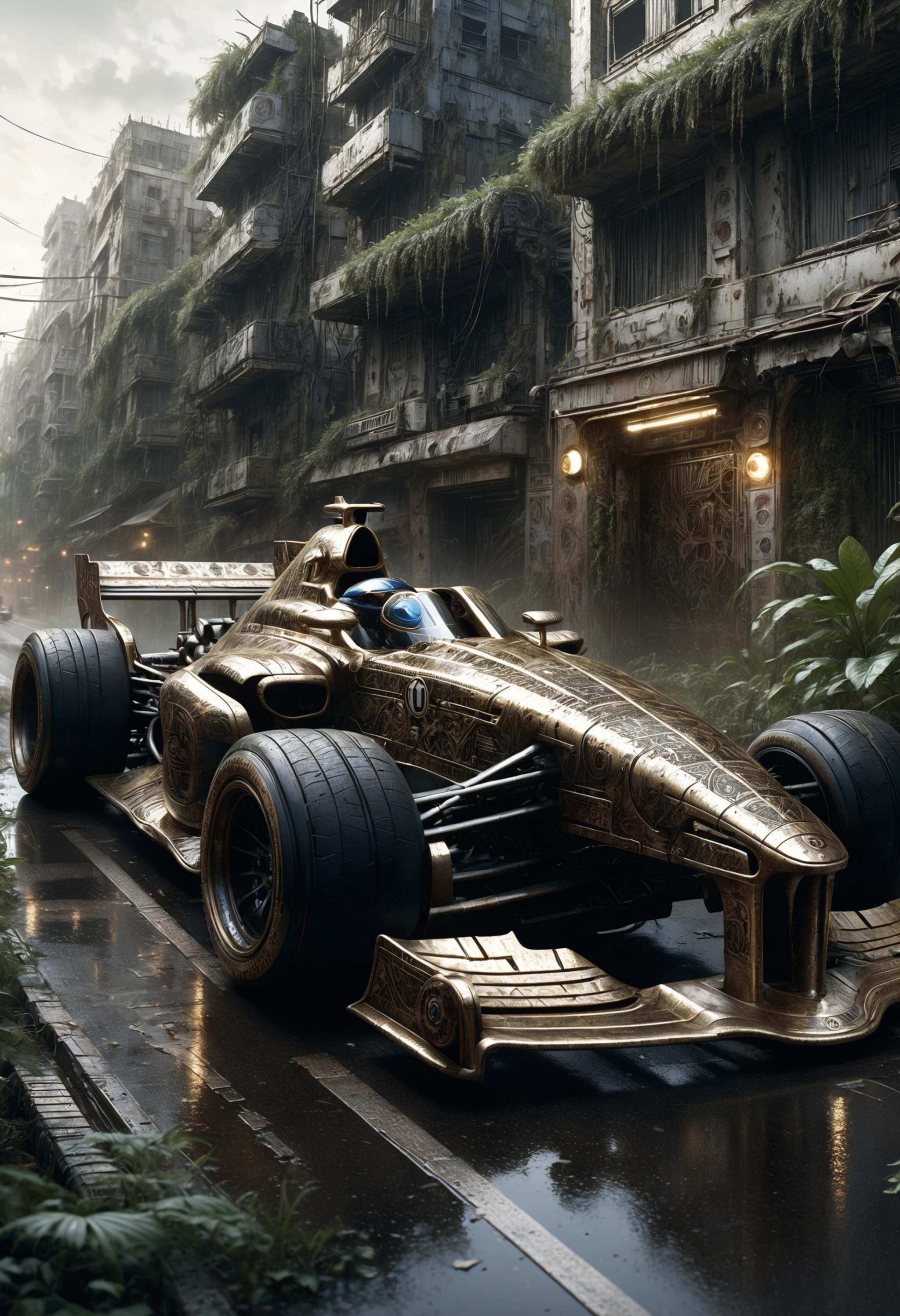 f1 car made of dvr-frft racing on a circuit,  in a post-apocalyptic city overgrown with lush vegetation,  by Luis Royo on...