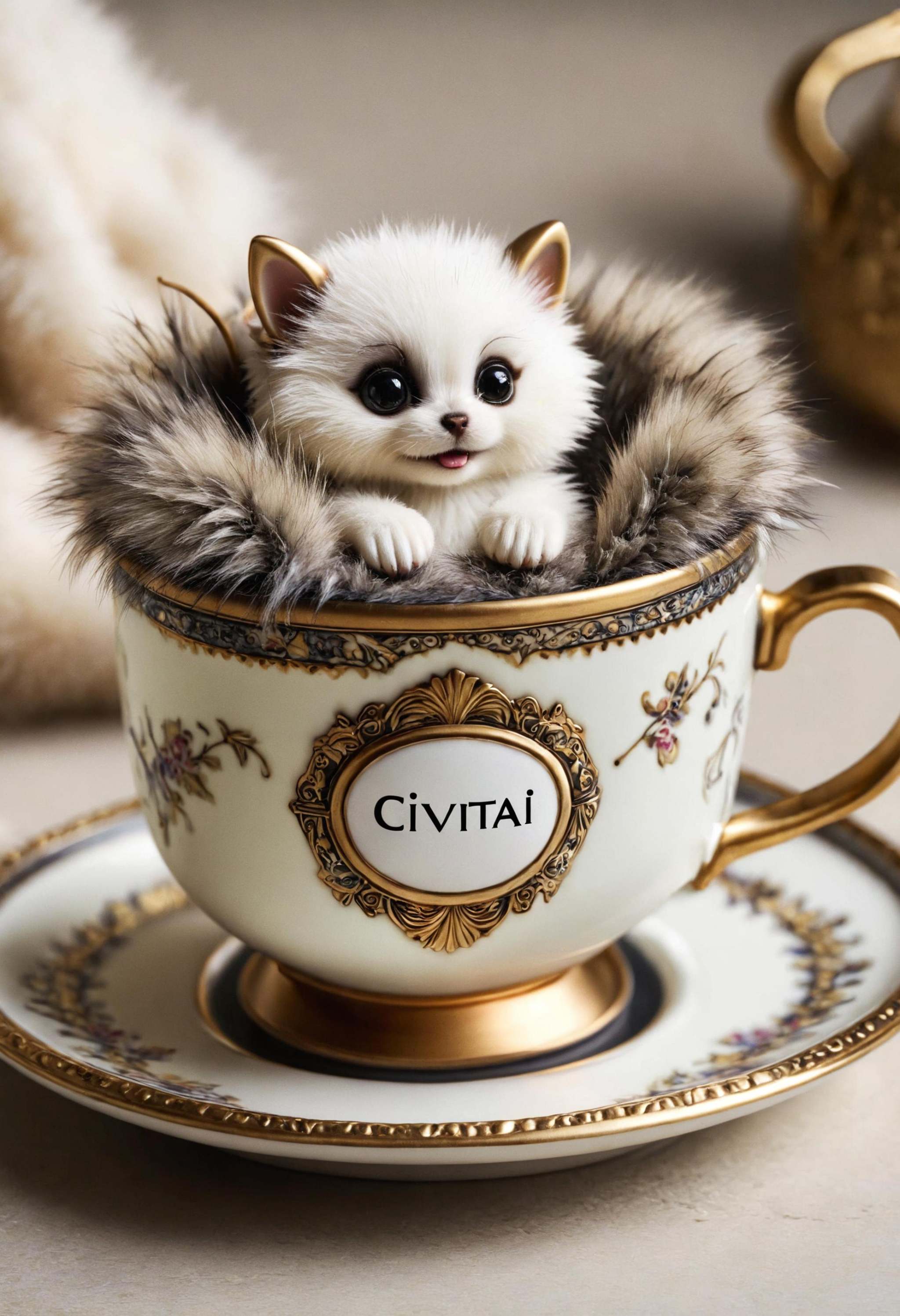a teacup filled with furry coming out on the rim labeled "CivitAi" on Tensor.Art