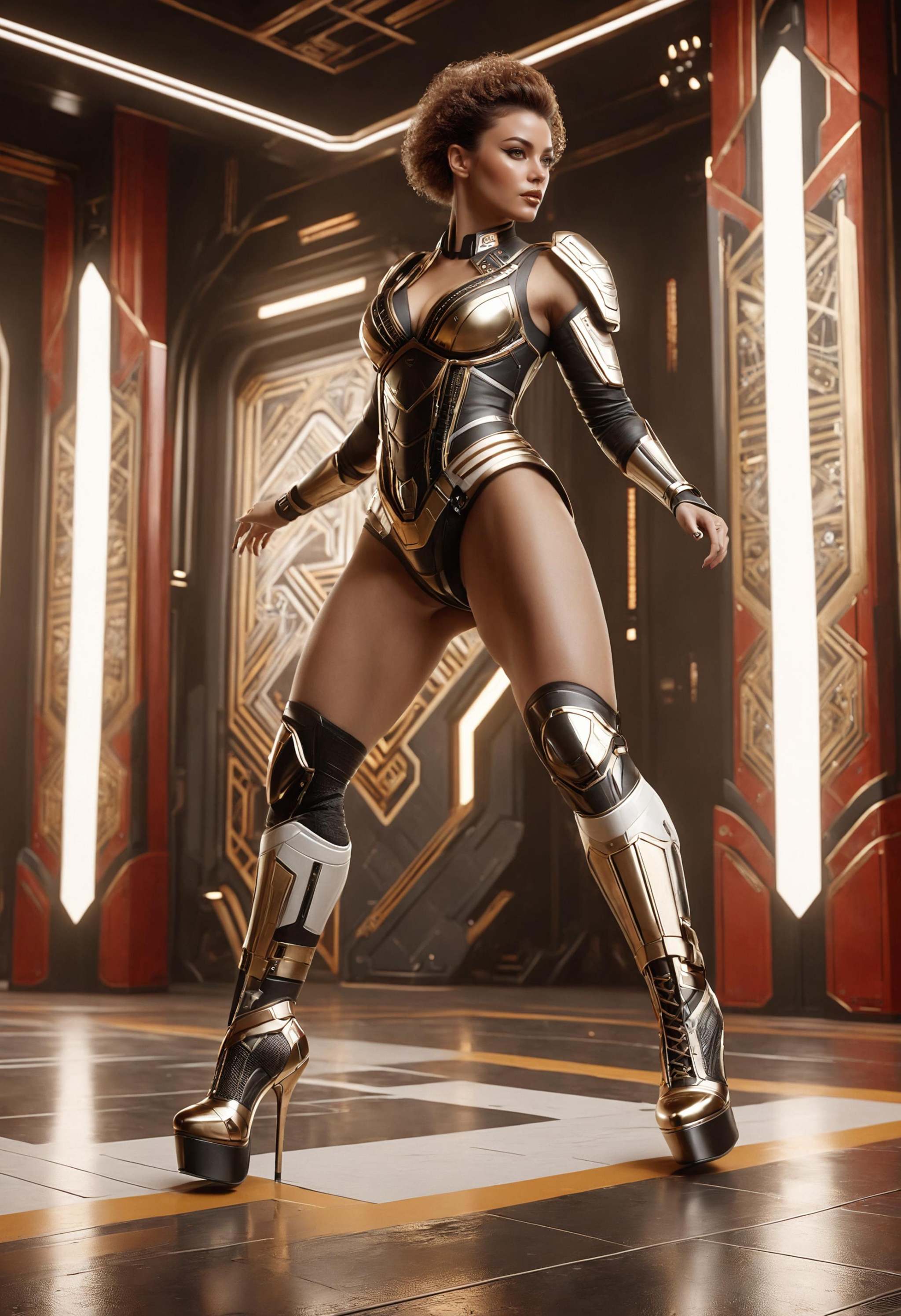 a woman made of dvr-frft in a combat pose,  high kick,  high heels on Tensor.Art