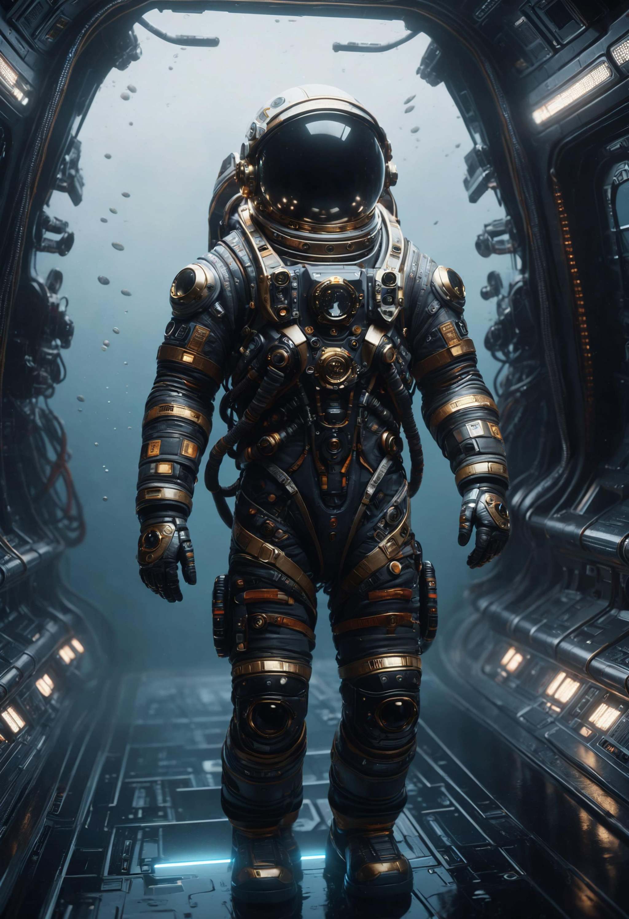an astronaut made of dvr-frft in a futuristic dark and empty spaceship underwater,  atmospheric lighting,  foggy on Tensor...