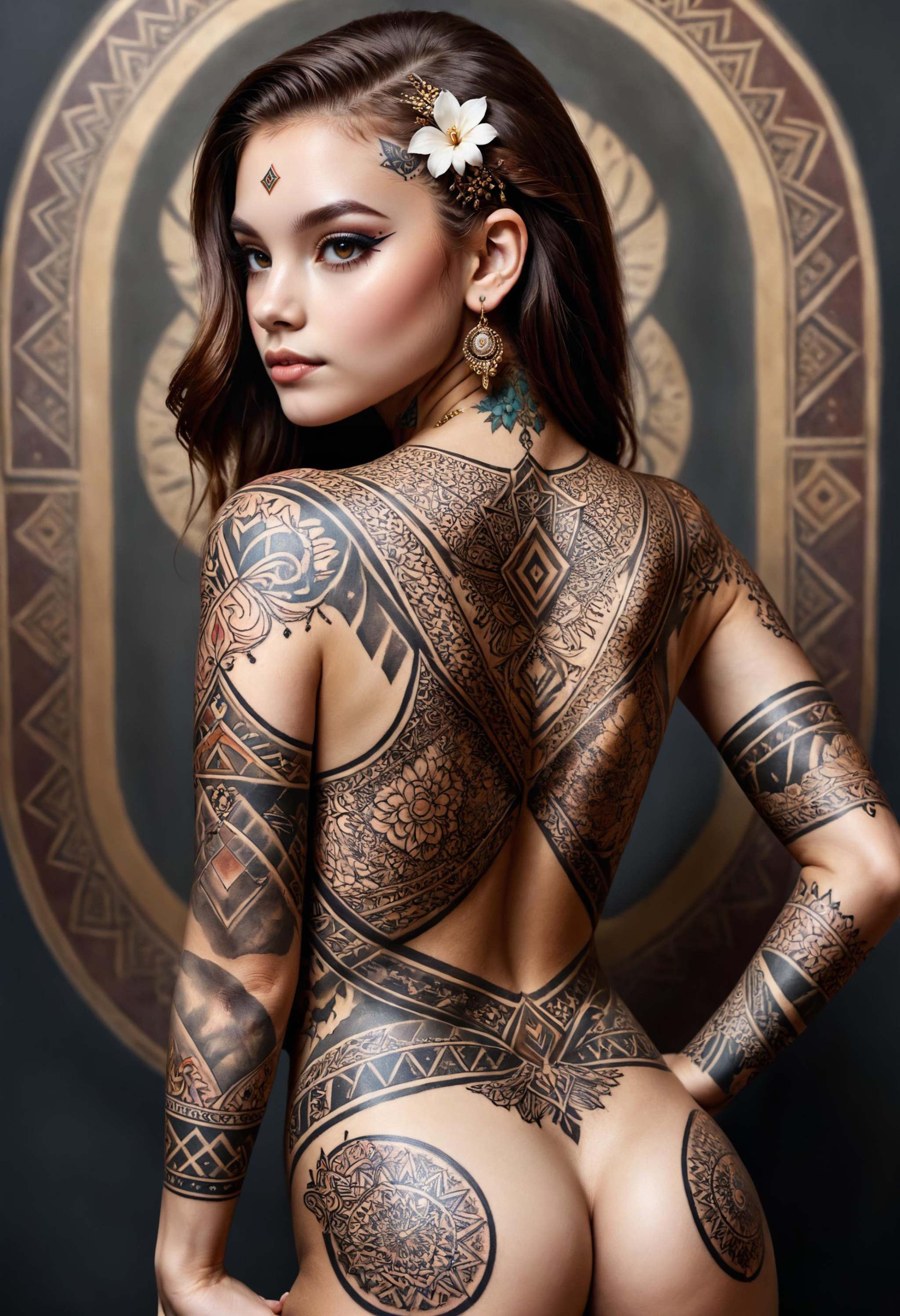 A captivating portrait of a boldly adorned young woman showcasing an intricate full-back tattoo dvr-frft on Tensor.Art