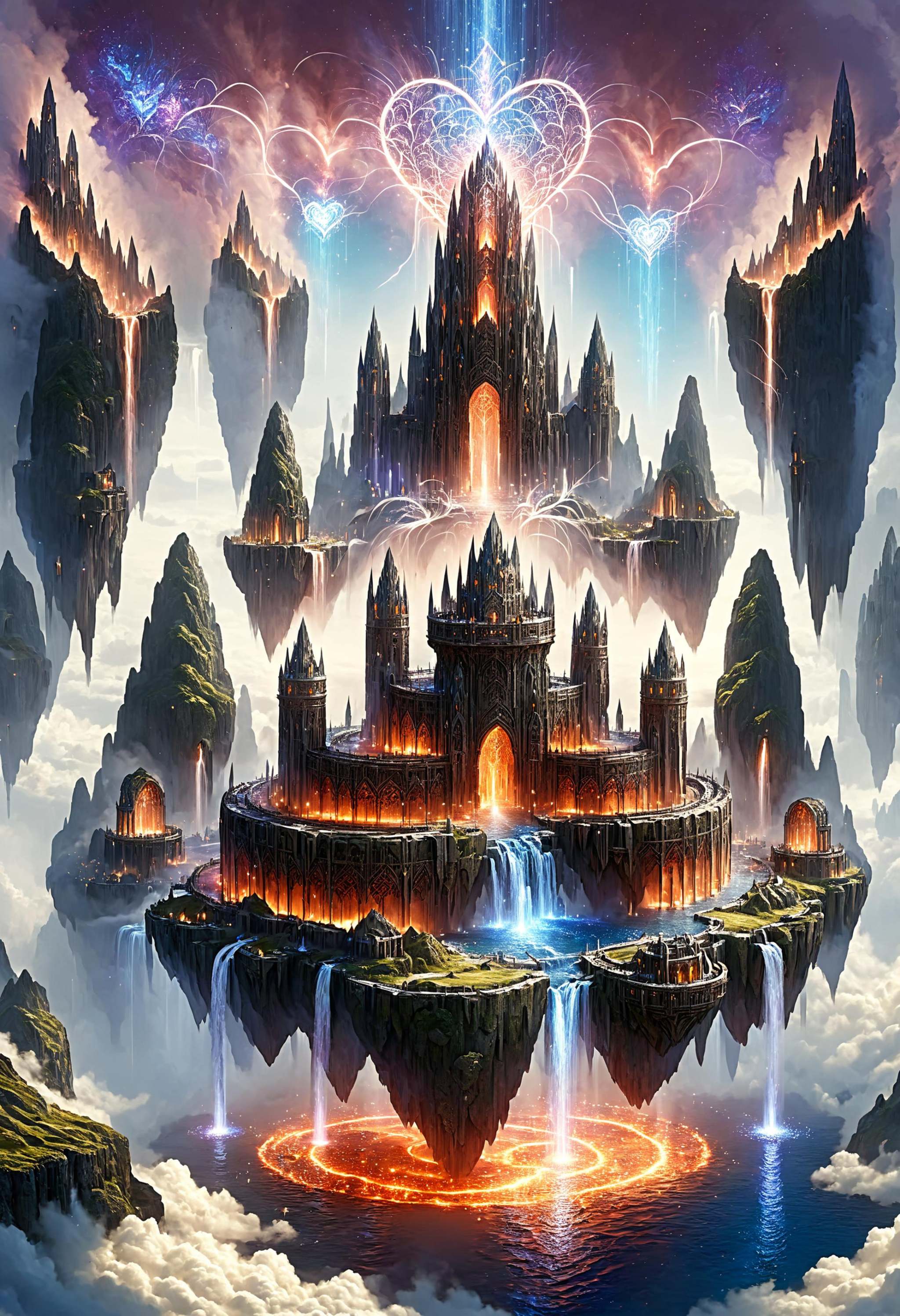 floating dwarven fortress,  a dwarven city carved into the heart of a mountain,  heavy stone structures illuminated by lav...