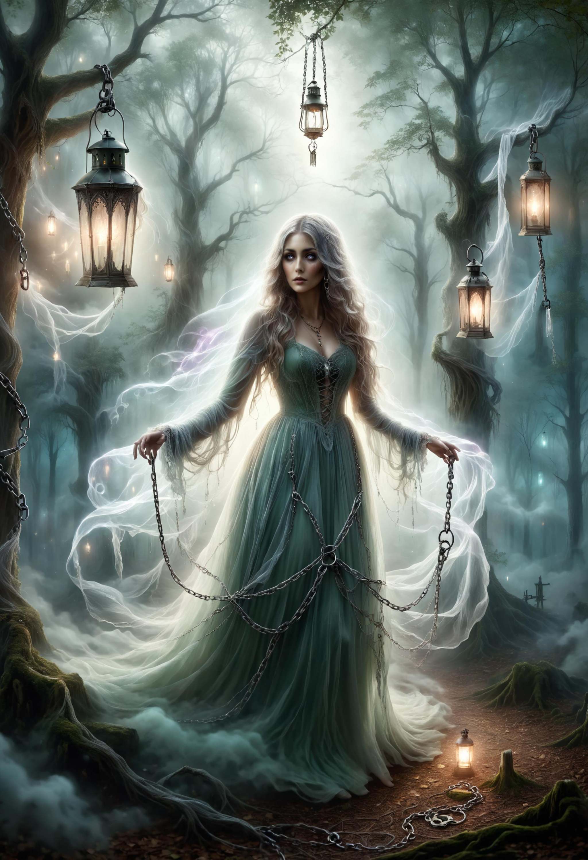 Victorian-era ghostly apparition,  long flowing tattered gown,  spectral appearance on Tensor.Art