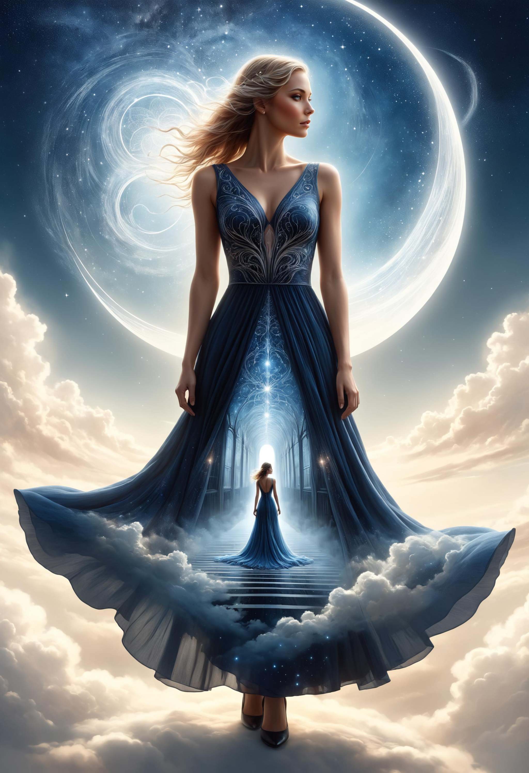 a woman with a long dress,  clothing cutout,  double exposure on Tensor.Art