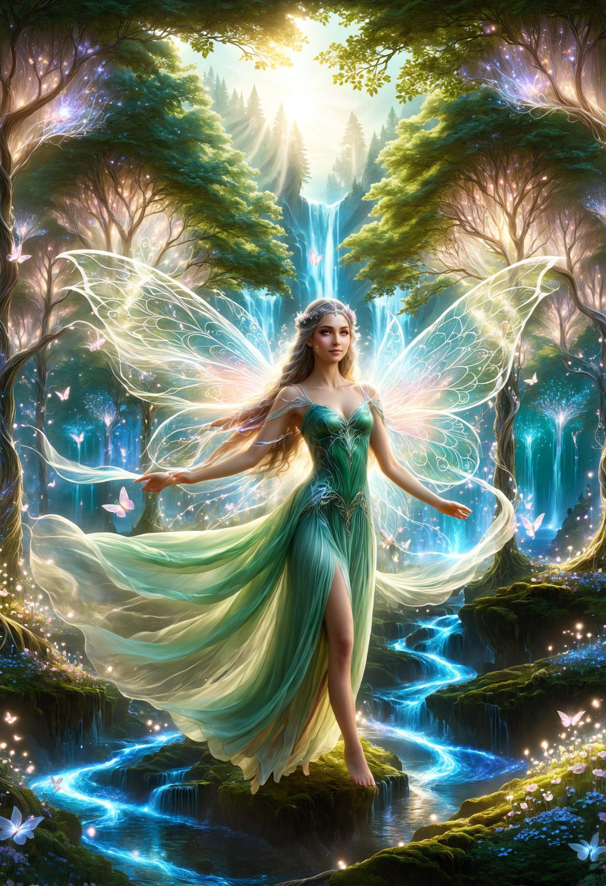 translucent energy burst wings fairy princess fluttering around and blending with the surroundings in a long flowing wavy...
