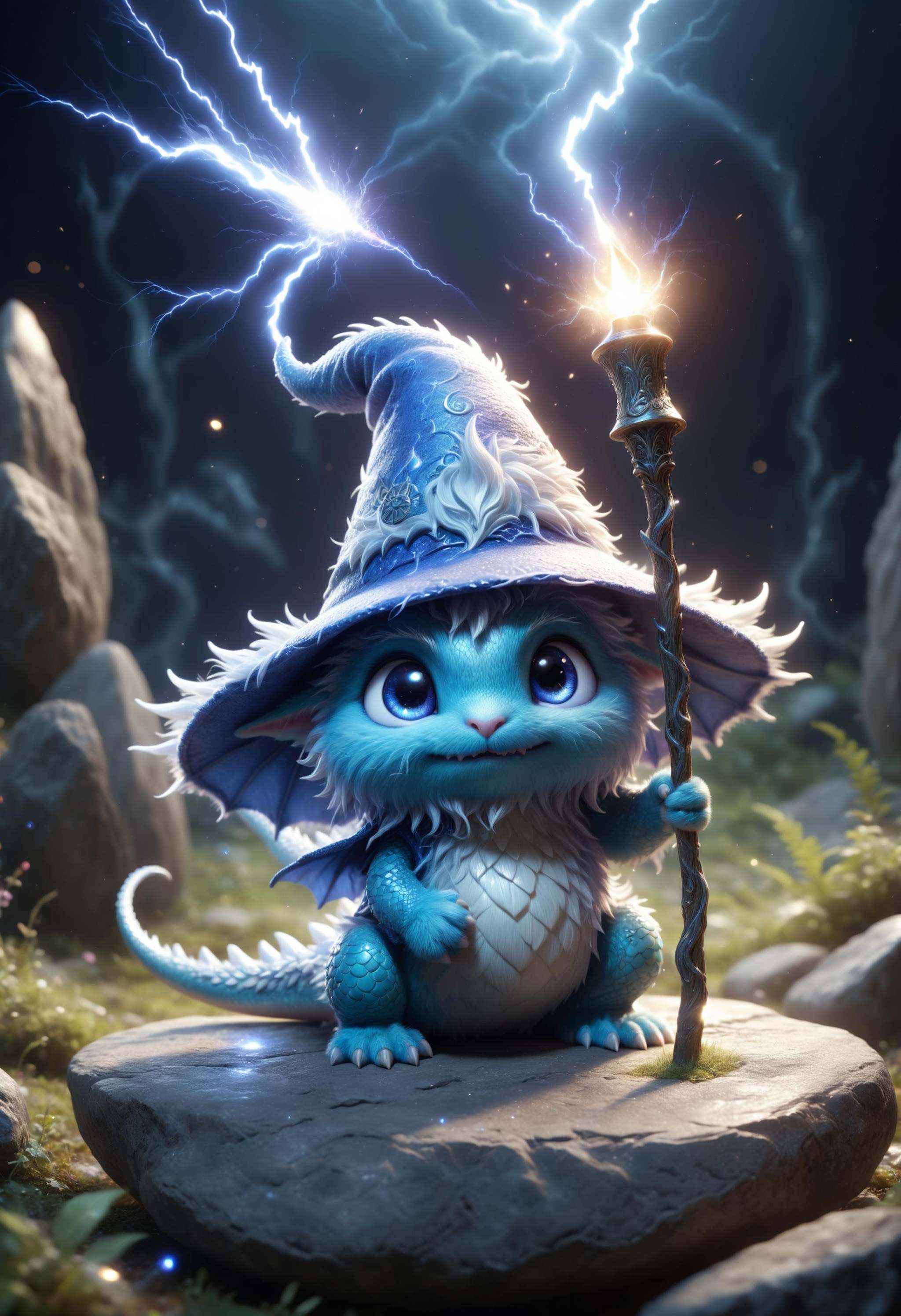 3d fluffy whimsical dragonling hiding behind a large stone,  tiny body,  large blue wizard hat on Tensor.Art