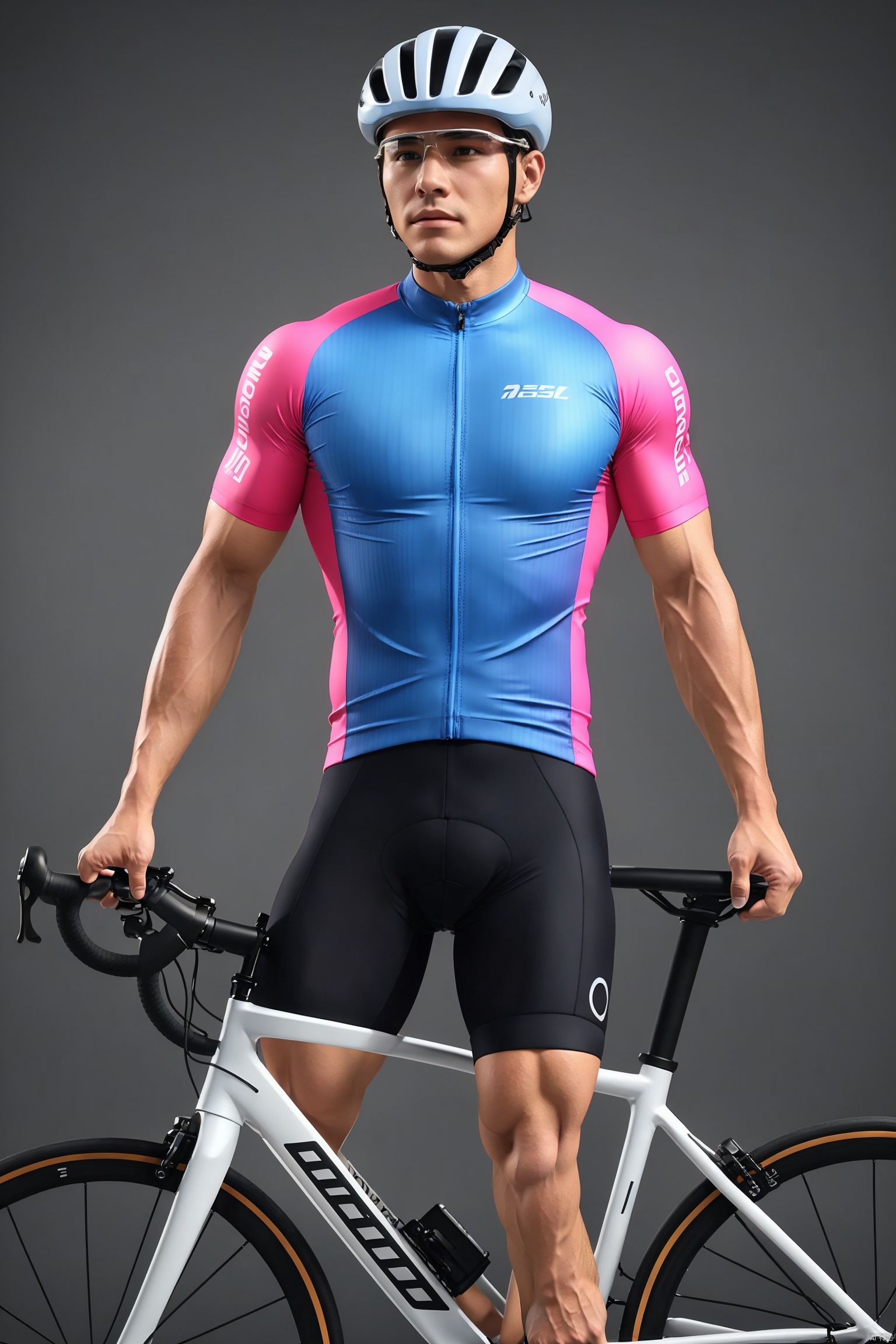 Trendy cycling clothes, cycling helmet, 1 person, male, delicate face, handsome, colorful bicycle, muscular, muscular male, cycling suit shorts, masterpiece, realistic, best quality, highly detailed, high resolution,