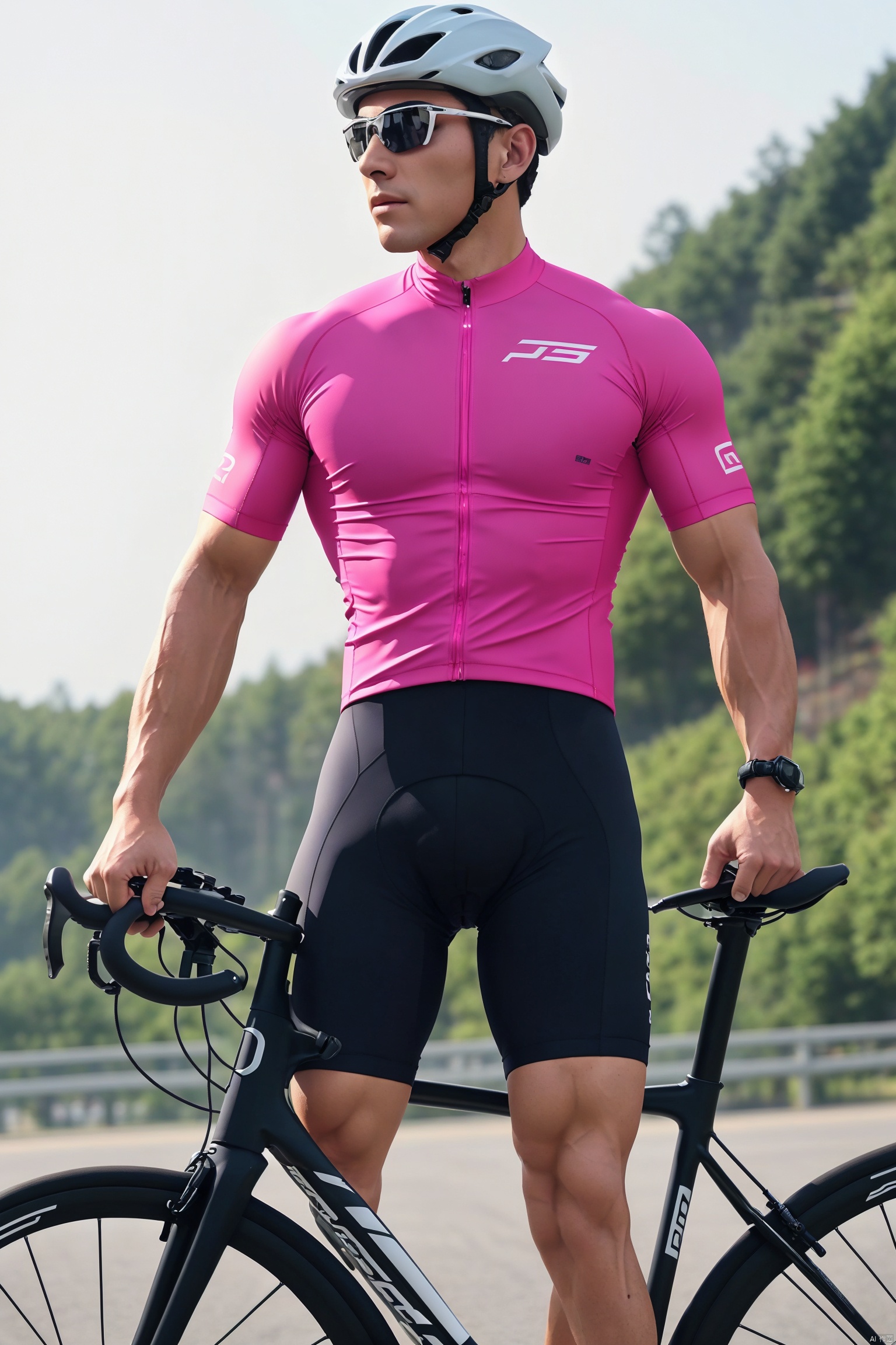 Trendy cycling clothes, cycling helmet, 1 person, male, delicate face, handsome, colorful bicycle, muscular, muscular male, cycling suit shorts, masterpiece, realistic, best quality, highly detailed, high resolution,