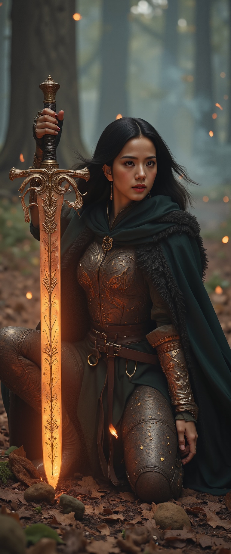 A fierce female warrior crouched low,  gripping a long,  ornate sword with both hands on Tensor.Art