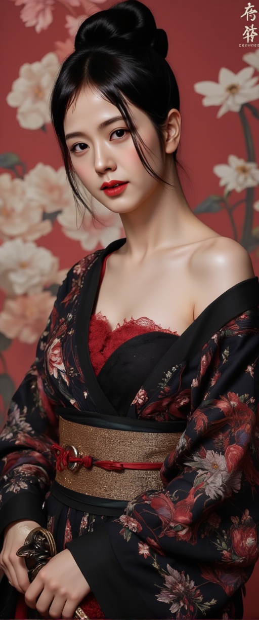 Create an ultra-realistic masterpiece image of a stunning Japanese woman wearing a traditional kimono and holding a katana...