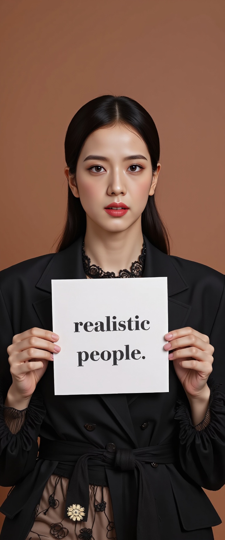 photograph,  full body photo,  a beautiful super model holding up a sing with text:"realistic people" on Tensor.Art