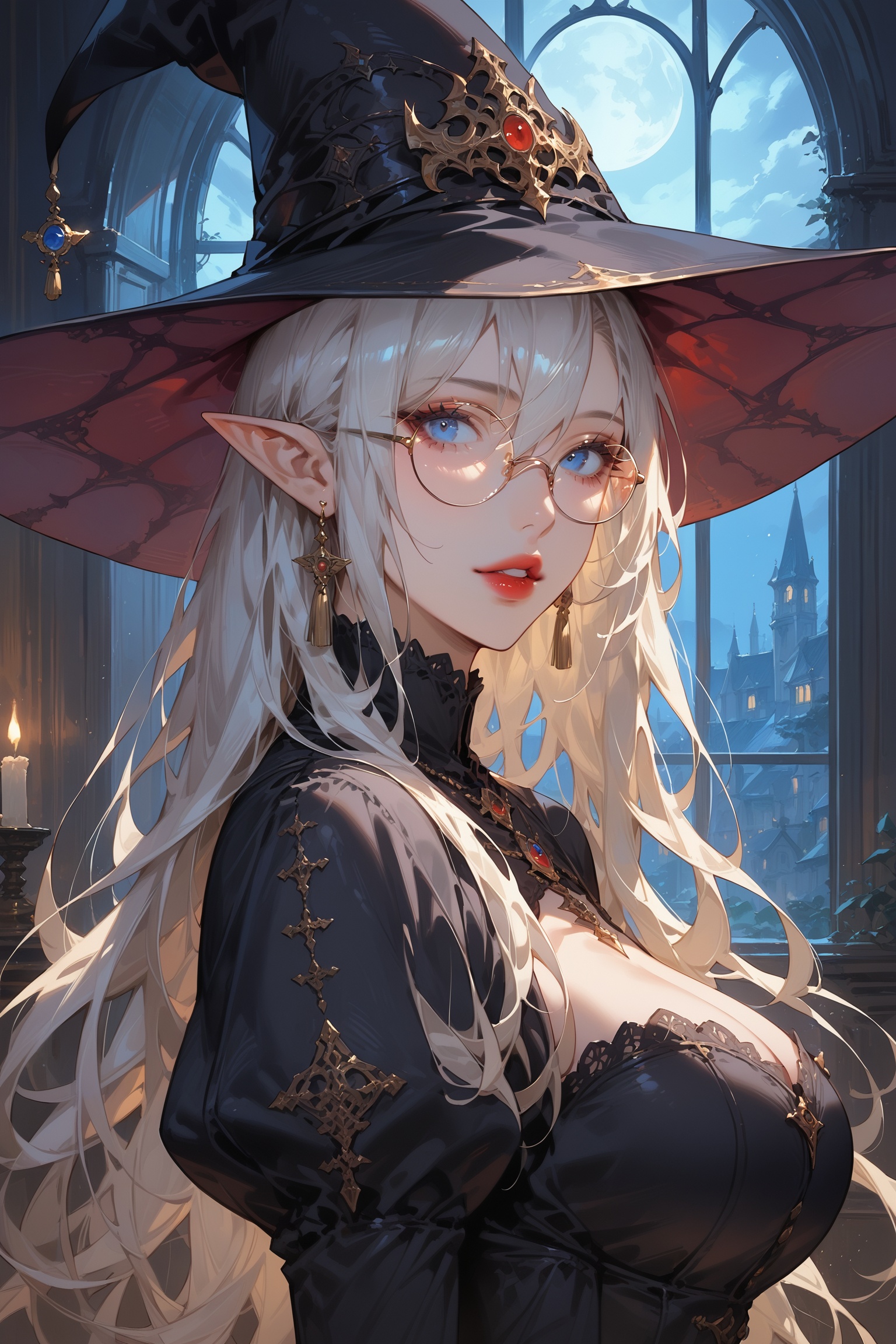 score_9, score_8_up, score_7_up, source_anime, detailed illustration, 8K UHD, fantasy themed, night, window, from side, 1girl, solo, long hair, looking at viewer, bangs, blue eyes, large breasts, long sleeves, hair between eyes, red lips, jewelry, upper body, white hair, earrings, parted lips, glasses, pointy ears, puffy sleeves, black dress, black headwear, witch hat, juliet sleeves, round eyewear, very dark room, indoors