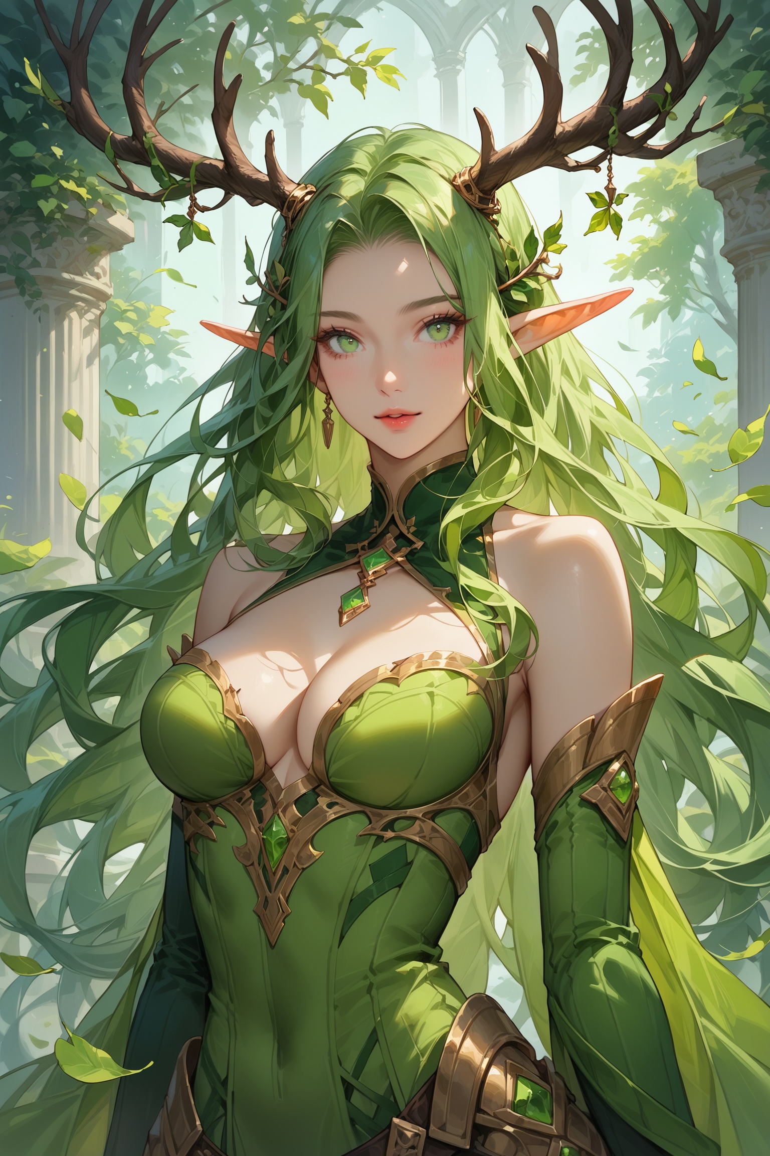 score_9, score_8_up, score_7_up, masterpiece, best quality, absurdres, very aesthetic, source_anime, detailed illustration, 8K UHD, upper body, 1girl, solo, looking at viewer, long hair, medium breasts, cleavage, bare shoulders, green eyes, detached sleeves, green hair, pointy ears, leaf, elf, green dress, antlers