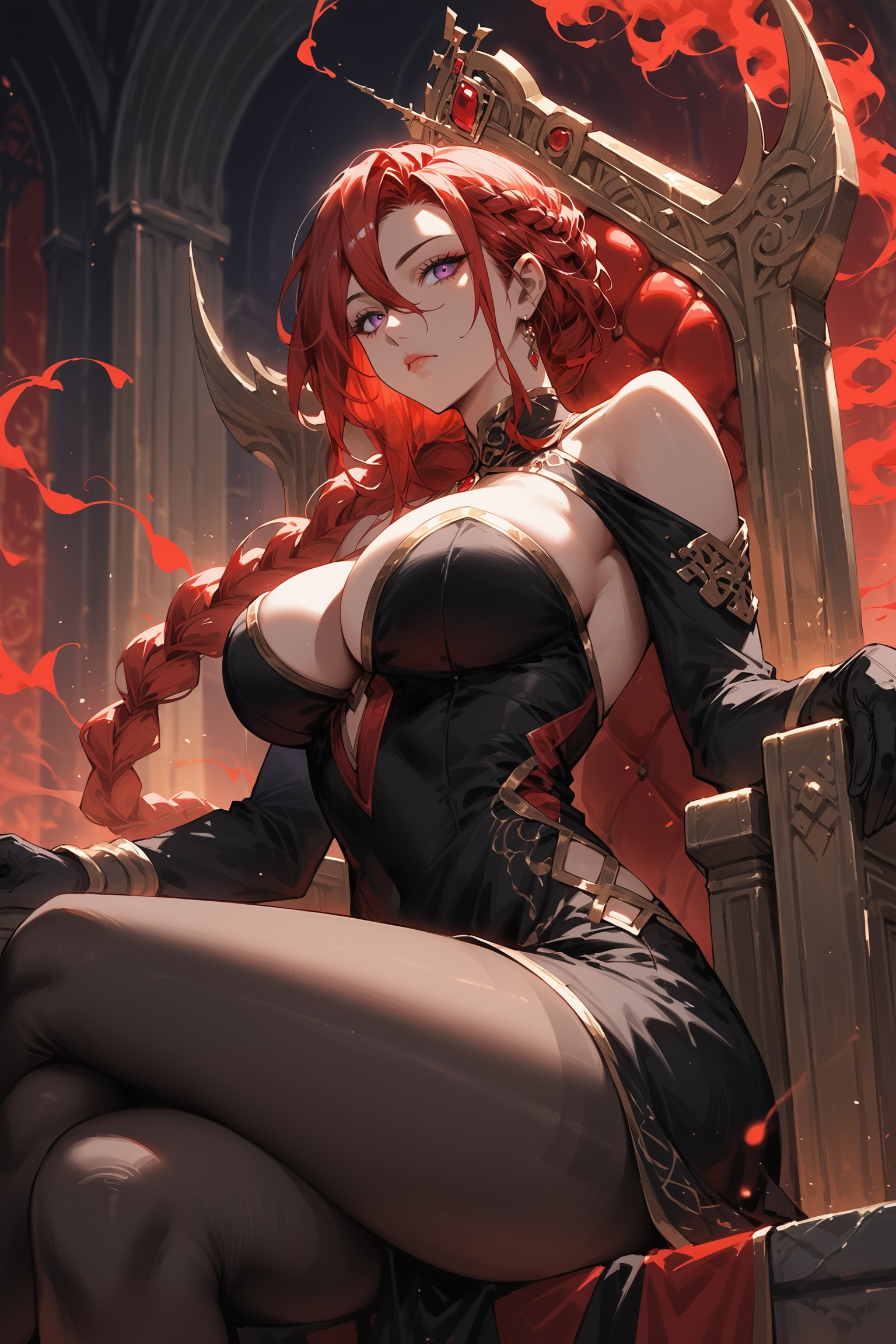 score_9, score_8_up, score_7_up, rating_safe, source_anime, detailed illustration, 8K UHD, ((from below, from side:1.4)), ((the red queen)), 1girl, solo, looking at viewer, red hair, single braided hair, hair over shoulder, ((hair between eyes)), purple eyes, big breasts, closed mouth, ((expressionless)), bare shoulder, black dress, intricate dress, red jewelry, royal dress, side cut dress, black arms sleeve, ((black pantyhose, black gloves)), cleavage cutout, sitting on throne, crossed legs, throne, dark background, overhead lighting, fantasy themed, depth of field, ((red smoke swirls around her:1.4))