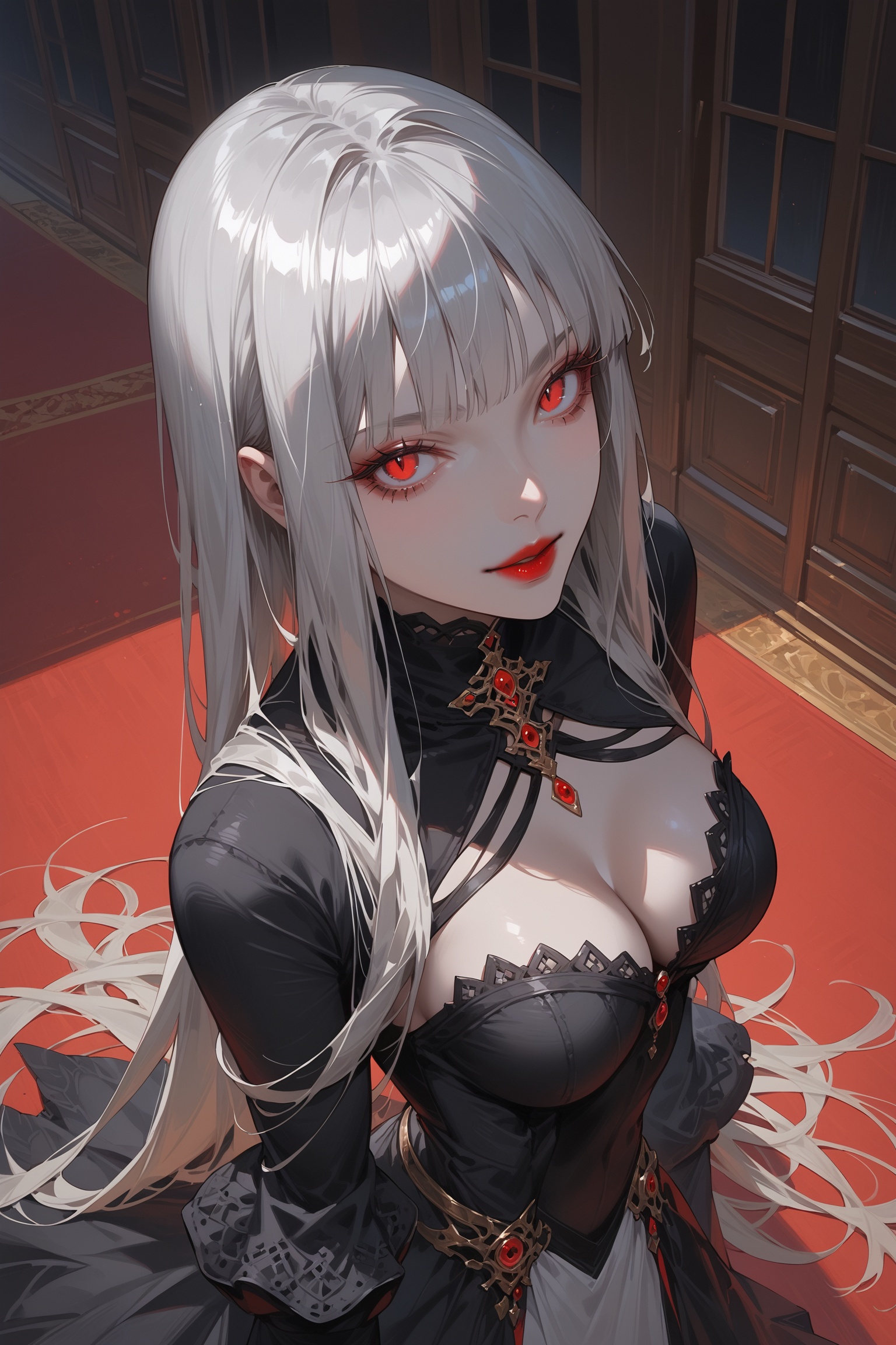 score_9, score_8_up, score_7_up, source_anime, detailed illustration, 8K UHD, face focus, ((from above side angle:1.2)), vampire, grey skin tone, 1girl, solo, looking at viewer, red lips, cleavage, medium breasts, red eyes, grey hair, long hair, hime_cut, bangs, black fur dress, ((black sleeves, deteached sleeves)), intricate dress, standing, indoors, dark background, head tilted up