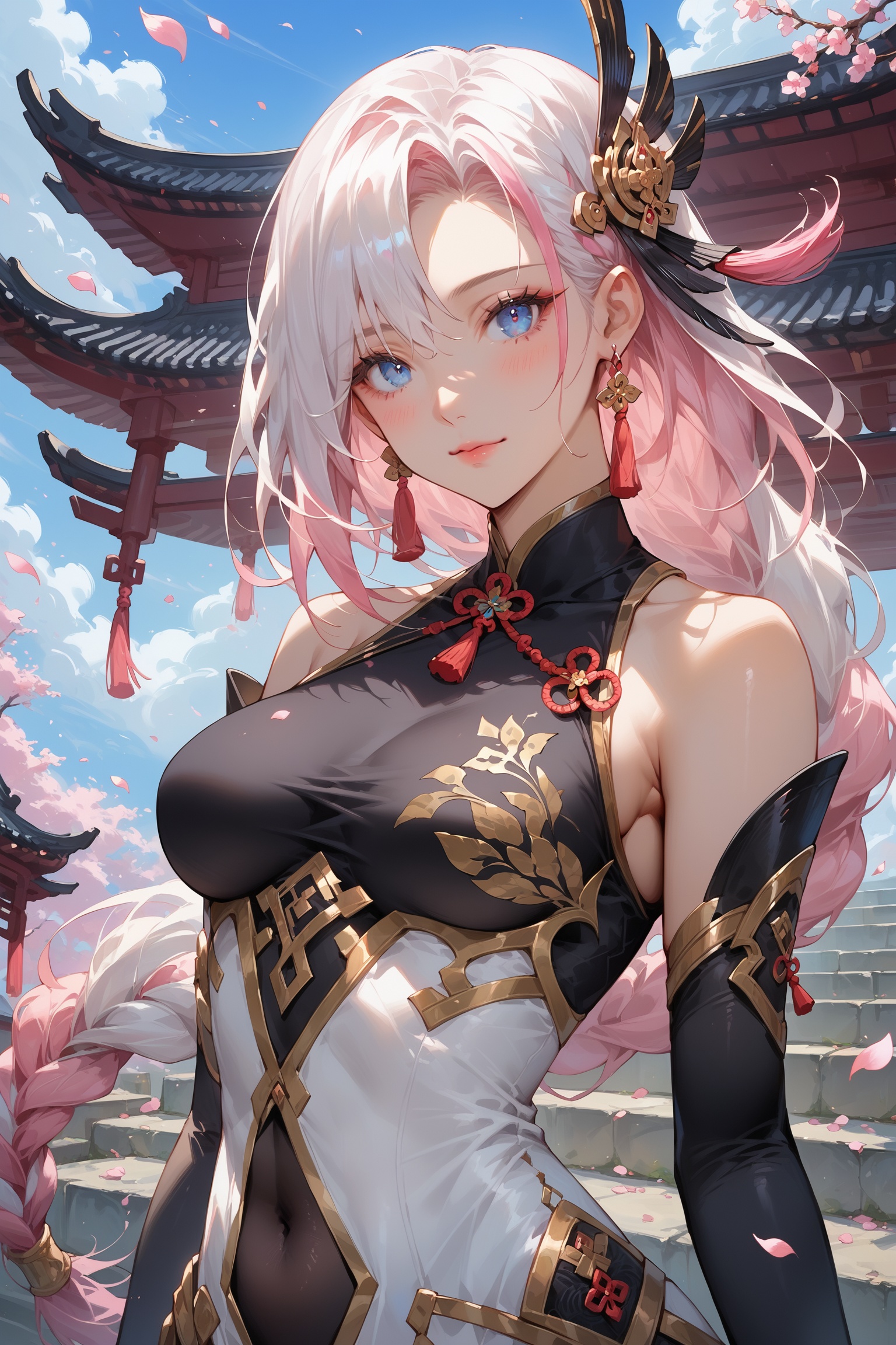 score_9, score_8_up, score_7_up, masterpiece, best quality, absurdres, very aesthetic, source_anime, detailed illustration, 8K UHD, upper body, 1girl, solo, looking at viewer, long hair, bangs, hair ornament, closed mouth, pink hair and white hair, multicolored hair, hair over one eye, single braided ponytail, blue eyes, blush, medium breasts, bare shoulders, white dress, jewelry, tassel earrings, standing, flower, black gloves, elbow gloves, petals, covered navel, partially fingerless gloves, black bodysuit, outdoors, sky, day, east asian architecture, 