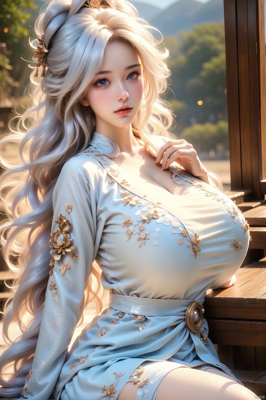 A close-up shot of a solo female model, sitting with her legs spread slightly apart, wearing a blue mini-skirt and white thigh-highs. Her large breasts are prominently displayed as she gazes directly at the viewer, her bright blue eyes sparkling with confidence. A white shirt with a plunging neckline adds to the overall sensuality of the scene. The subject's long white hair cascades down her back, framing her face and emphasizing her striking features. In her hands, she grasps the edges of her shirt, pulling it open slightly as if showcasing herself for the audience's appreciation.