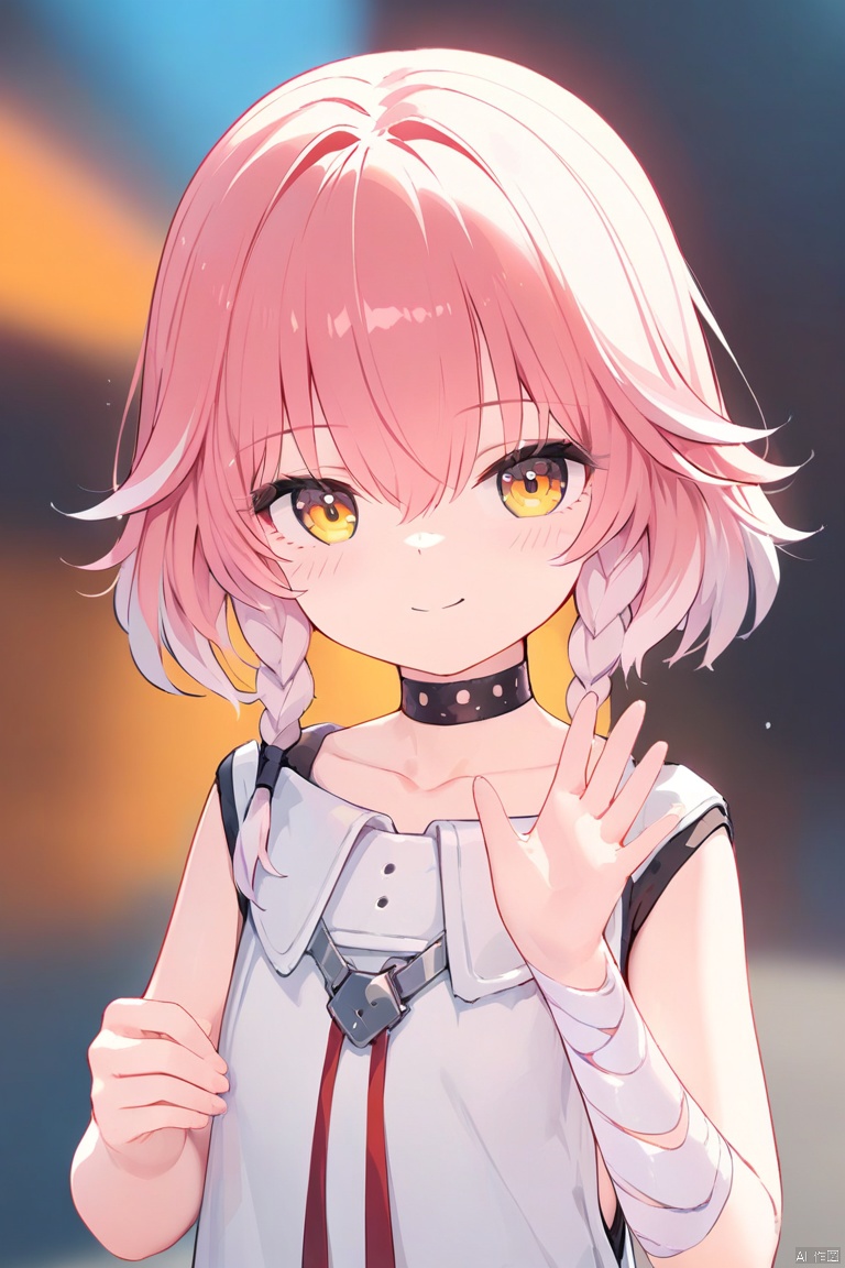 1girl, solo, looking at viewer, smile, short hair, bangs, shirt, hair between eyes, closed mouth, collarbone, yellow eyes, upper body, pink hair, braid, white hair, multicolored hair, choker, hand up, black choker, bandages, side braid, bandaged arm,loli,Artist:ask (askzy),Artist:chen bin,(masterpiece), (best quality), illustration, ultra detailed, hdr, Depth of field, (colorful),