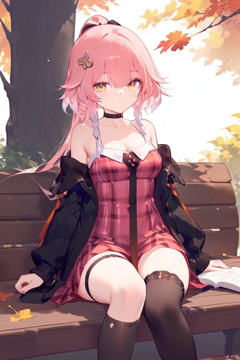 1girl, solo, long hair, breasts, looking at viewer, blush, bangs, pink hair,yellow eyes, hair ornament, long sleeves, dress, holding, cleavage, hair between eyes, bare shoulders, medium breasts, sitting, closed mouth, collarbone, braid, open clothes, day, hairclip, pink eyes, off shoulder, twin braids, tree, book, plaid, window, sleeveless dress, leaf, sunlight, cardigan, pink dress, hair over shoulder, holding book, knee up, open book, bench, autumn leaves, open cardigan, maple leaf, autumn, falling leaves, plaid dress, ginkgo leaf,black thighhighs,ponytail,thigh strap,red single glove,changli, detached sleeves,loli,Artist:ask (askzy),Artist:chen bin,
