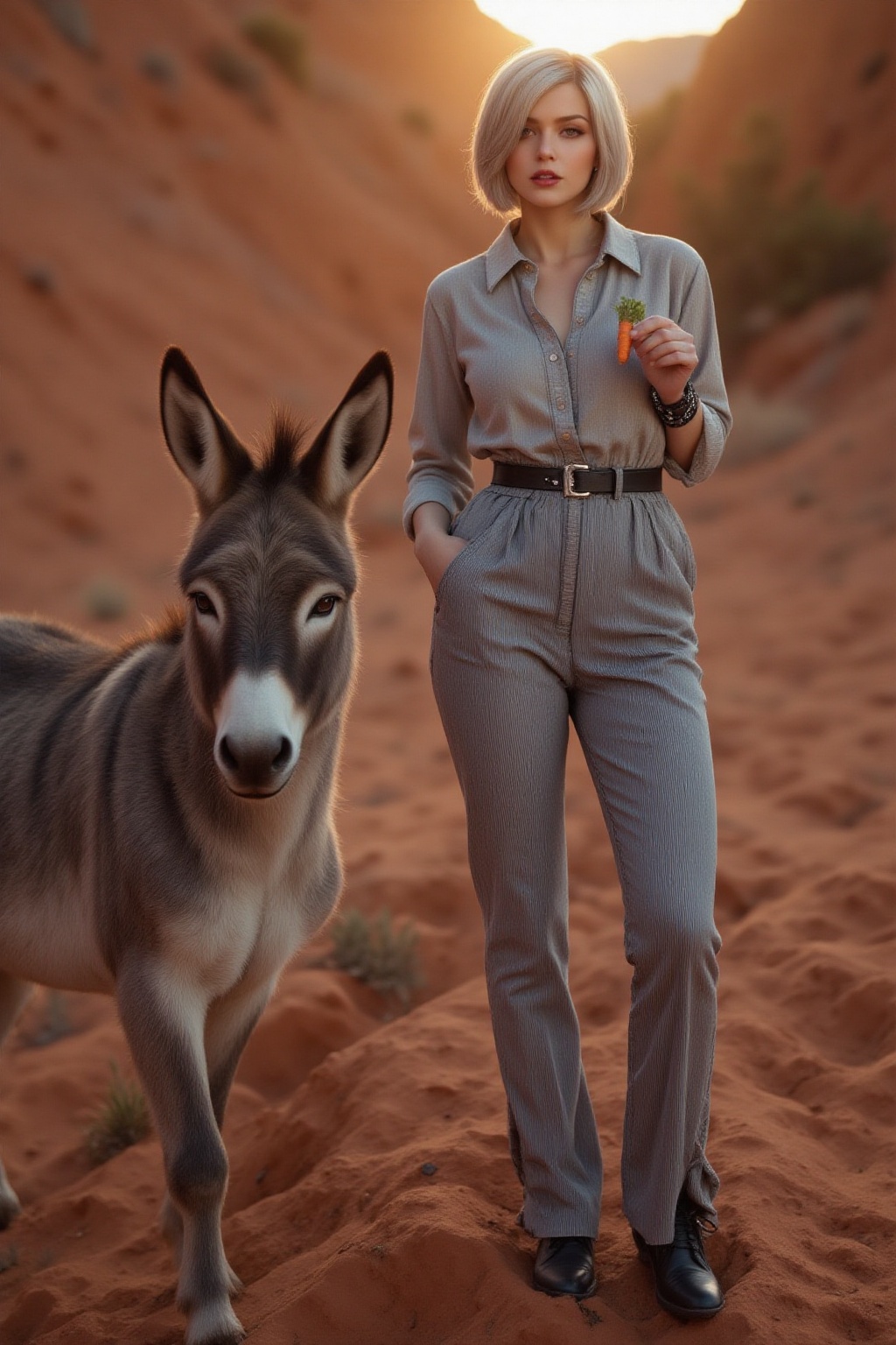Top quality. Inspiration: American kitsch,  donkey. Image: Close-up: A girl with beautiful short,  straight gray-black hai...