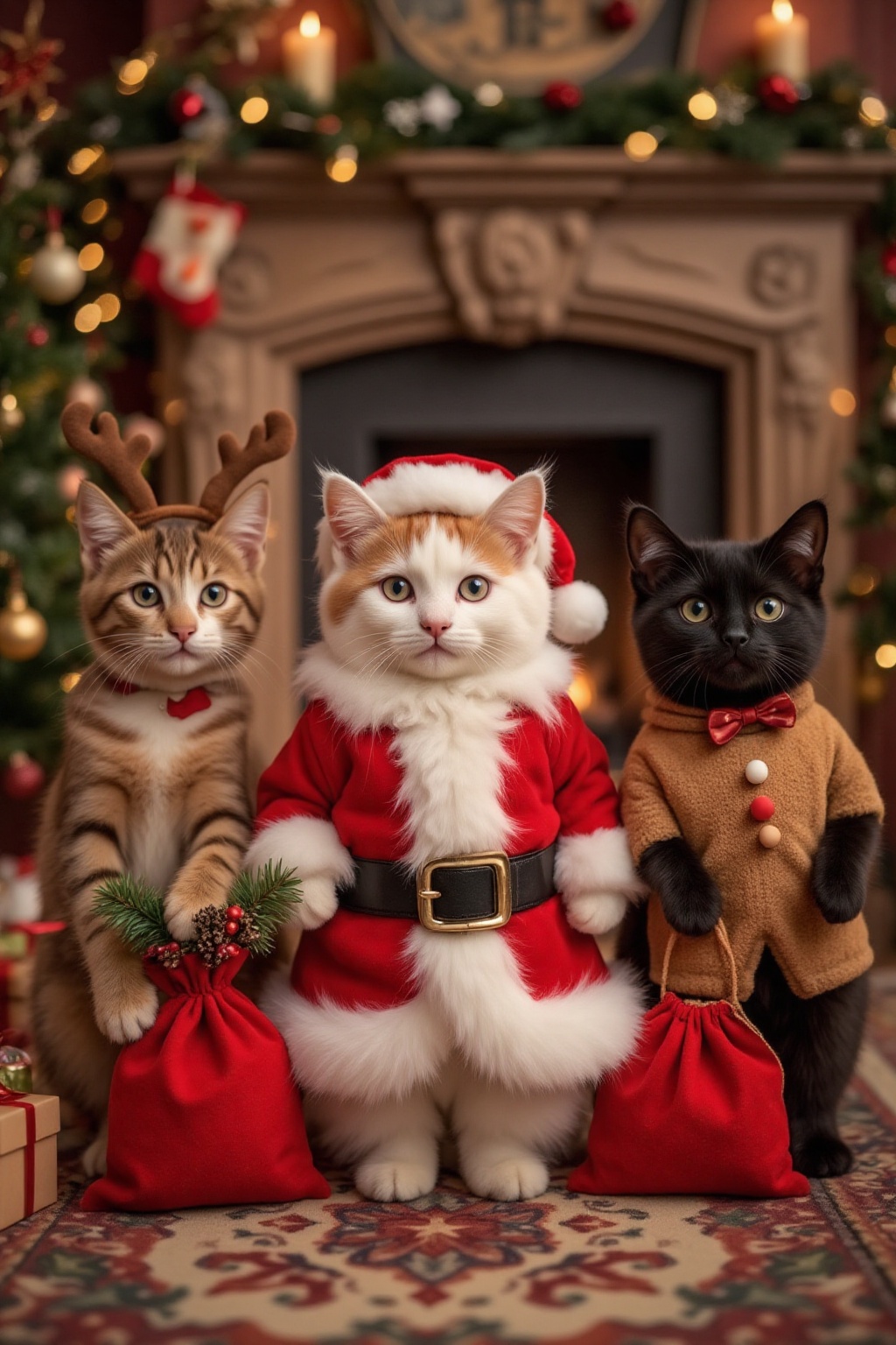 Top quality. Inspiration: Christmas,  adorable cats. Visuals: In front of a warmly decorated fireplace,  a cozy rug and a...