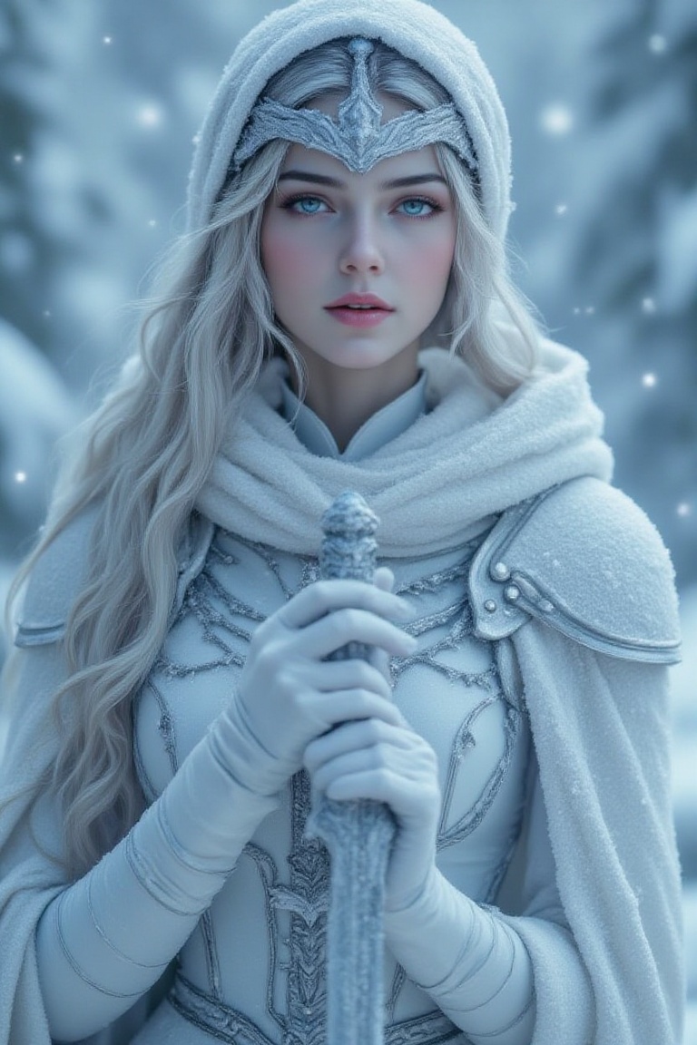 Superior quality,  ranked #1. Inspiration: Frost. Image: Dawn. A female knight,  her long hair flowing like waves on Tenso...