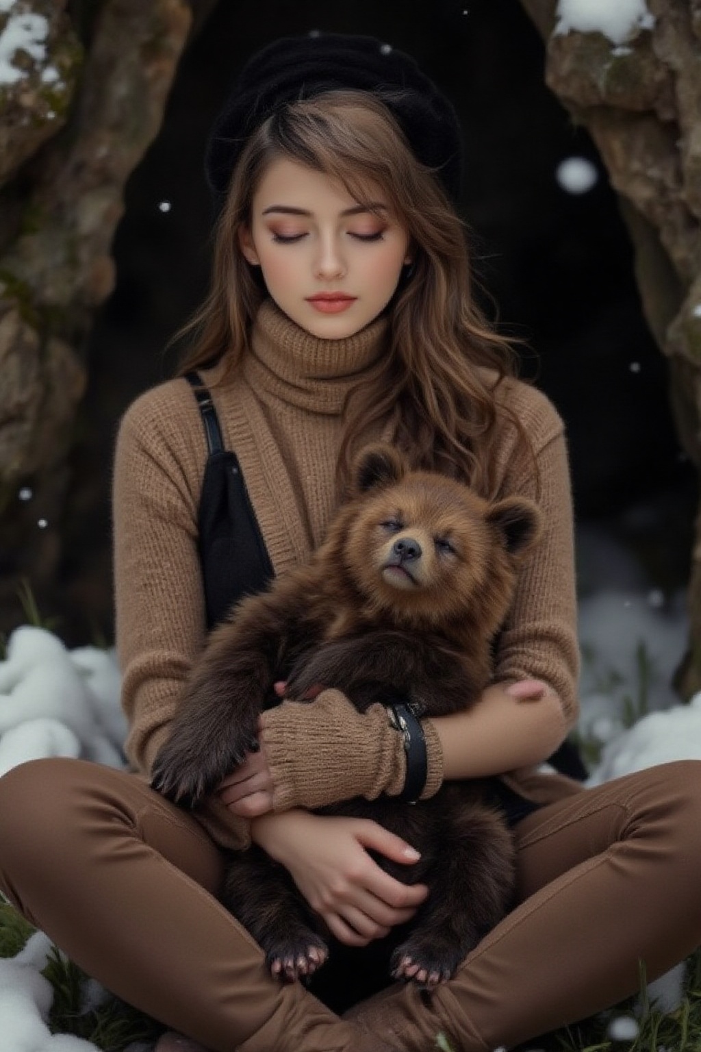 Top quality. Inspiration: American kitsch,  bear,  hibernation. Image: Close-up: A girl with a warm and kind demeanor on T...