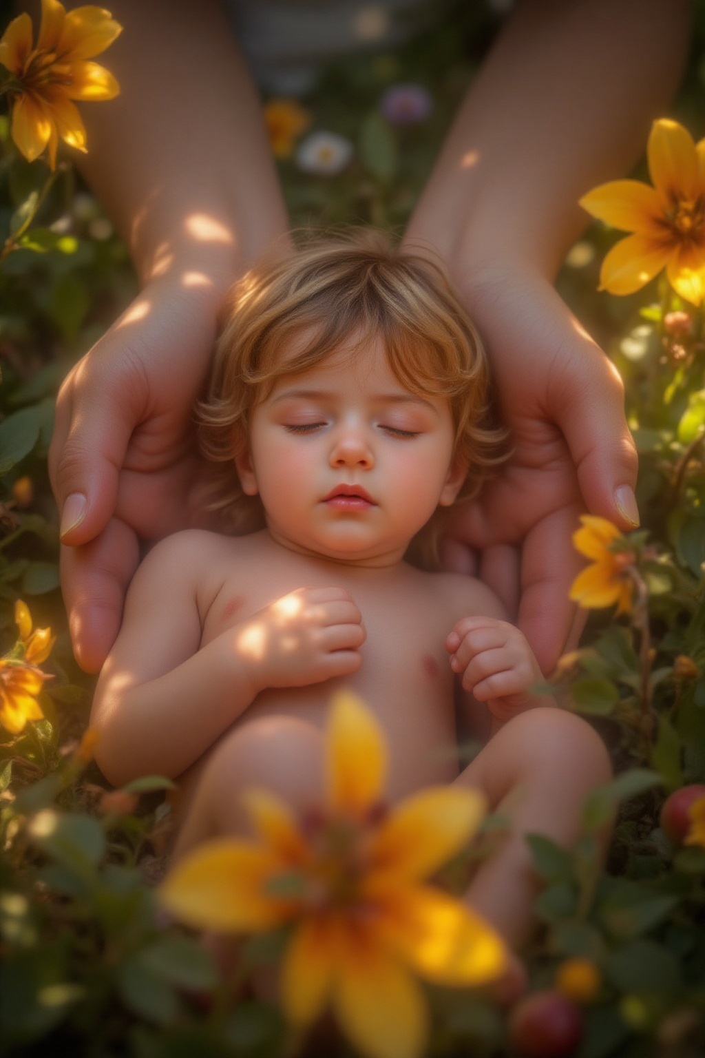 Top quality. Inspiration: Genesis,  God creating man. Scene: A beautiful garden. A pair of enormous hands cradle a baby bo...