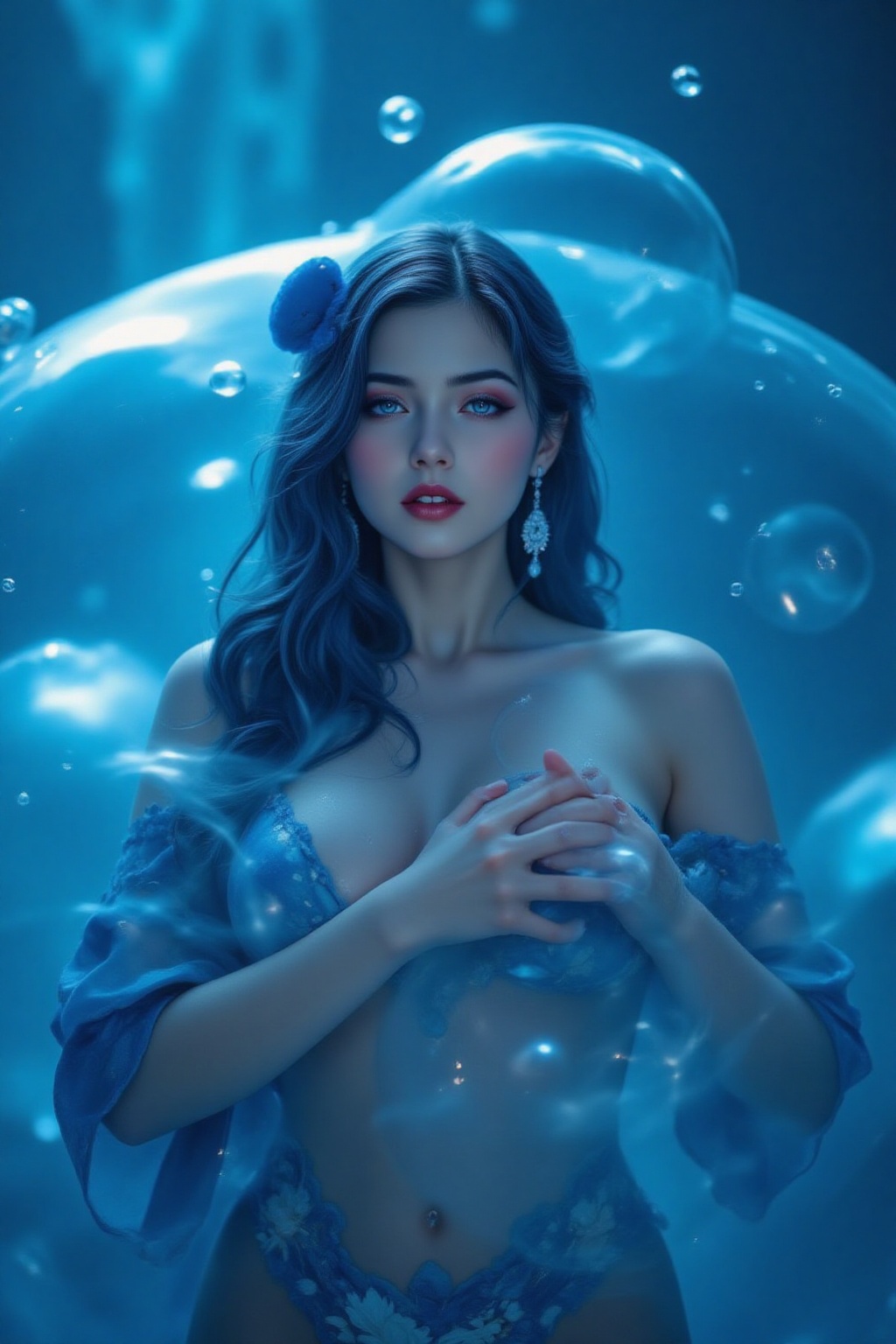 Top quality. Inspiration: Ocean,  floating. Image content: A young woman is enveloped in a large ocean bubble. She has a v...
