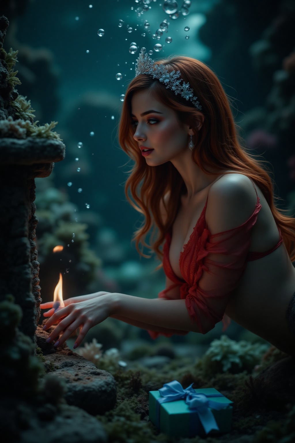Top quality. Inspiration: Underwater,  fireplace,  mermaid. Image: Close-up: A sexy mermaid girl (with full hips and breas...