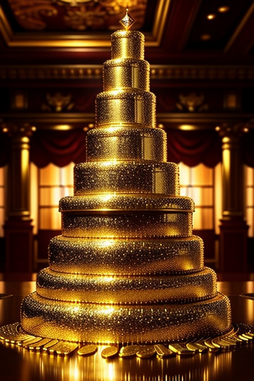 A towering pile of gleaming gold coins and bars,  with soft,  warm lighting reflecting off their shiny surfaces. The scene...