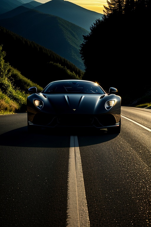 A sleek,  handsome sports car parked on a winding mountain road,  with dramatic golden hour lighting casting long shadows....