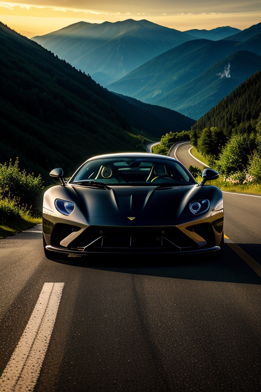 A sleek,  handsome sports car parked on a winding mountain road,  with dramatic golden hour lighting casting long shadows....