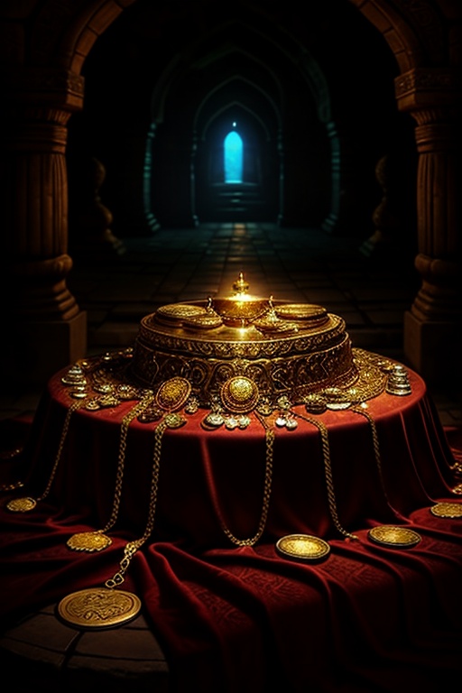 A sprawling pile of treasures,  with soft,  warm lighting highlighting the variety of precious items. The scene is set in...