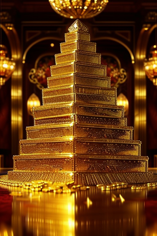 A towering pile of gleaming gold coins and bars,  with soft,  warm lighting reflecting off their shiny surfaces. The scene...