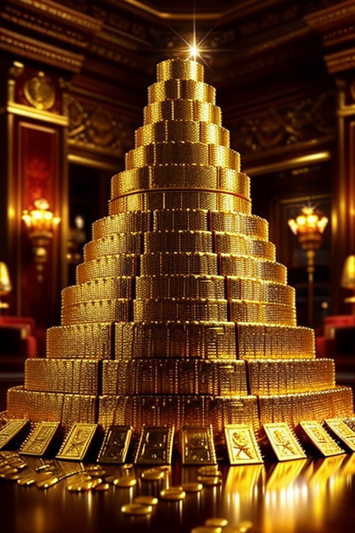 A towering pile of gleaming gold coins and bars,  with soft,  warm lighting reflecting off their shiny surfaces. The scene...