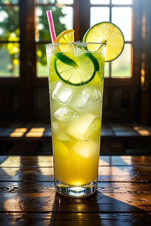 A refreshing cold drink in a tall,  frosted glass,  with condensation dripping down its sides on Tensor.Art