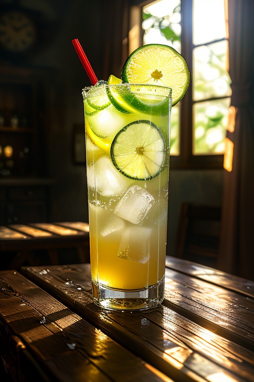 A refreshing cold drink in a tall,  frosted glass,  with condensation dripping down its sides on Tensor.Art