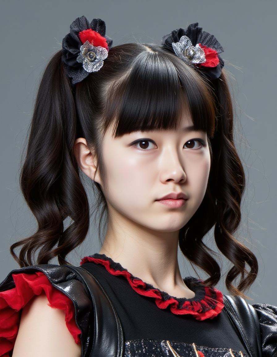 long shot scenic professional photograph of Yuimetalflux beautiful japanese woman half body portrait,  cute goth dress, on...