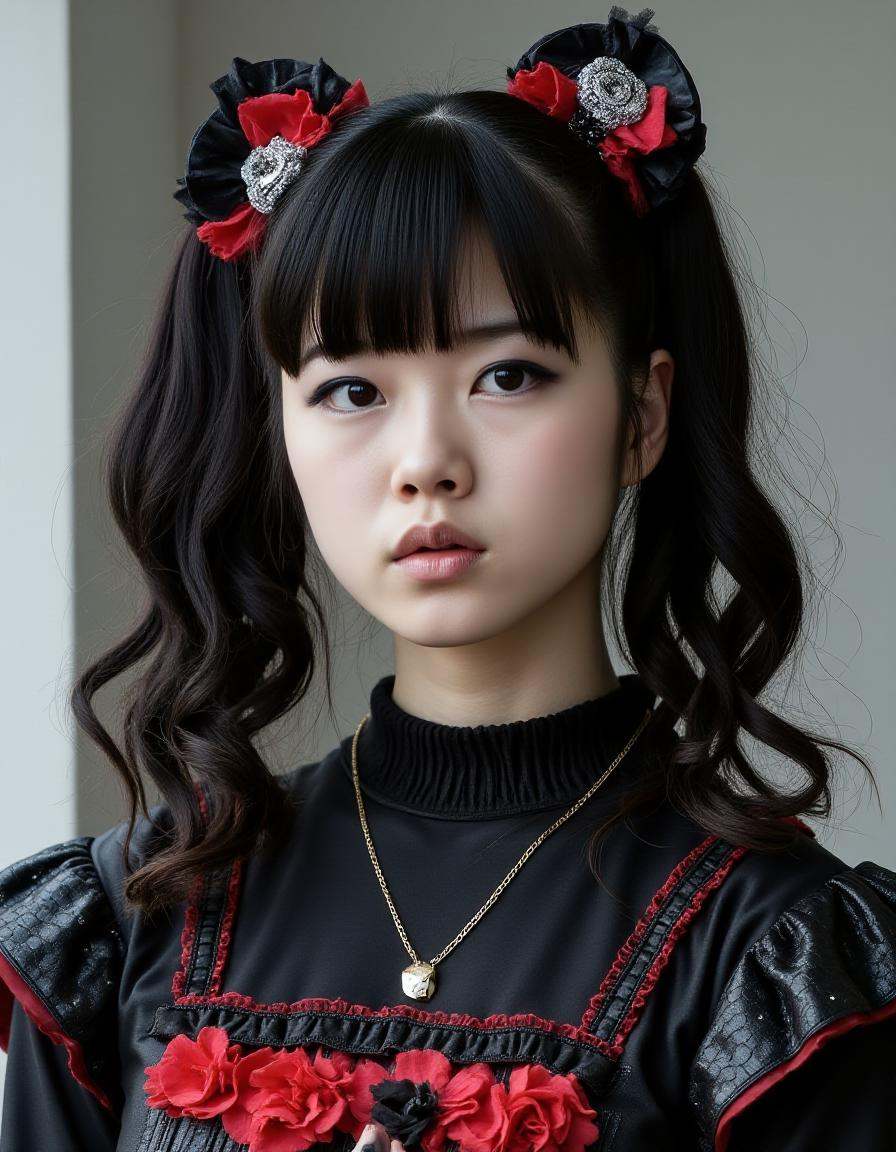long shot scenic professional full body photograph of Yuimetalflux beautiful japanese woman full body,  cute goth dress, o...