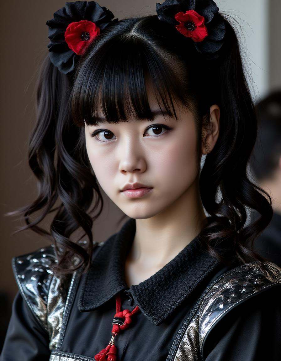 long shot scenic professional full body photograph of Yuimetalflux beautiful japanese woman full body,  cute goth dress, o...