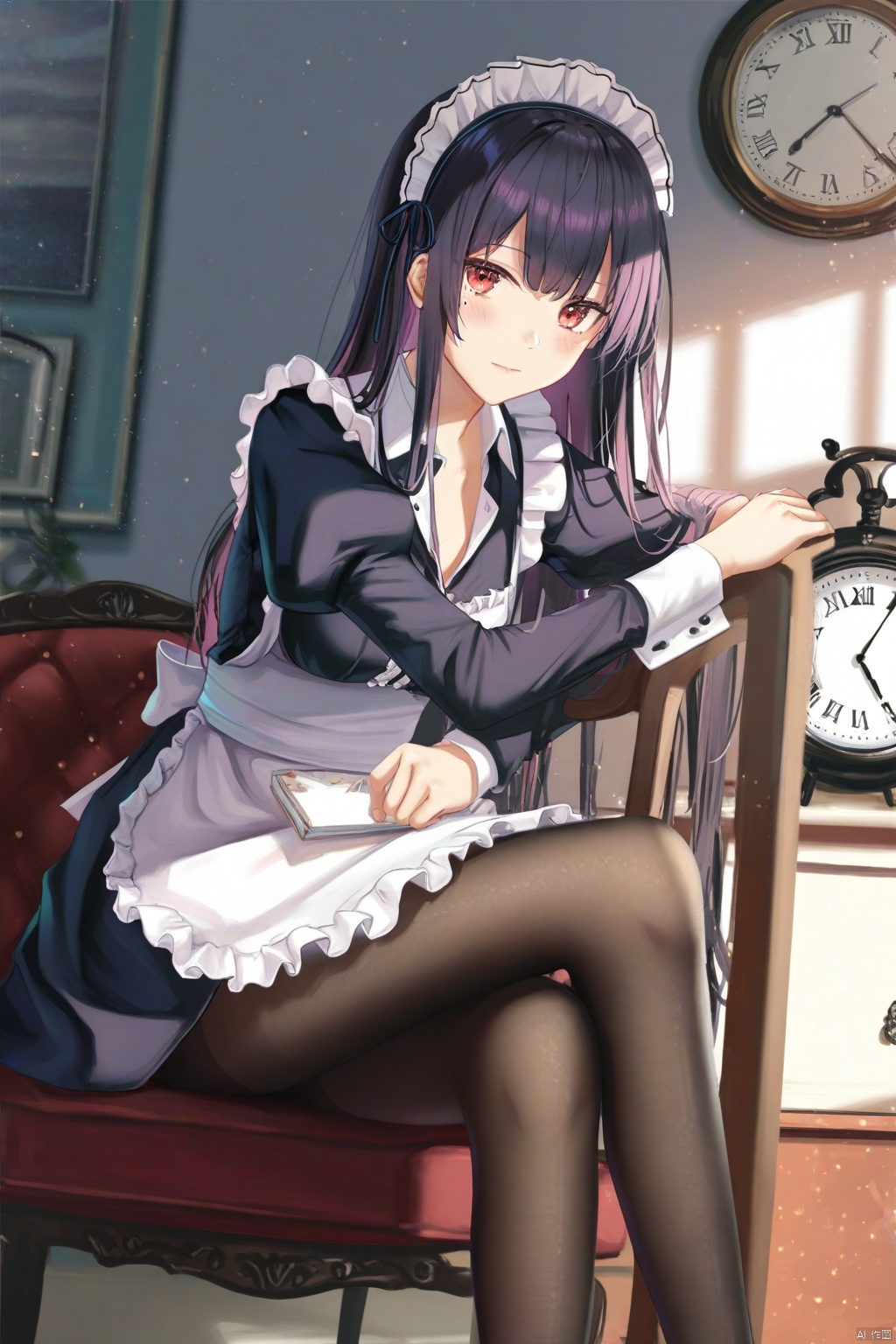 Best-A,(masterpiece),(best quality),best shadow,best light,(colorful),artist_tokkyu,artist_ciloranko,(artist_ru_zhai:1.2),(artist_atdan:1.1),(artist_mignon:1.1),Artist_iei_\(yeahhiei\),Artist_hidzzz_pixiv,artist_meion,artist_mrito,Artist_shengtian,Artist_flippy_\(cripine111\),artist_Alens,Artist_hiten_\(hitenkei\),Artist_haneru,artist_wlop,Artist_miyase_mahiro,artist_archive,Artist_DIno,artist_kizuna_kirameku_koi_iroha,Artist_kimishima_ao,artist_agwing86,Artist_konya_karasue,1girl, solo, clock, pantyhose, maid, maid headdress, apron, long hair, sitting, looking at viewer, black hair, maid apron, blush, wall clock, long sleeves, chair, partially unbuttoned, dress, black pantyhose, breasts, strap slip, cleavage, red eyes, black dress, indoors, light particles, on chair, shirt, closed mouth, white apron, arm rest, feet out of frame, frills, unbuttoned, juliet sleeves, analog clock, black shirt, puffy sleeves, mole, frilled apron, brown pantyhose, collared shirt, mole under eye, unbuttoned shirt, leaning on object, bra peek, 