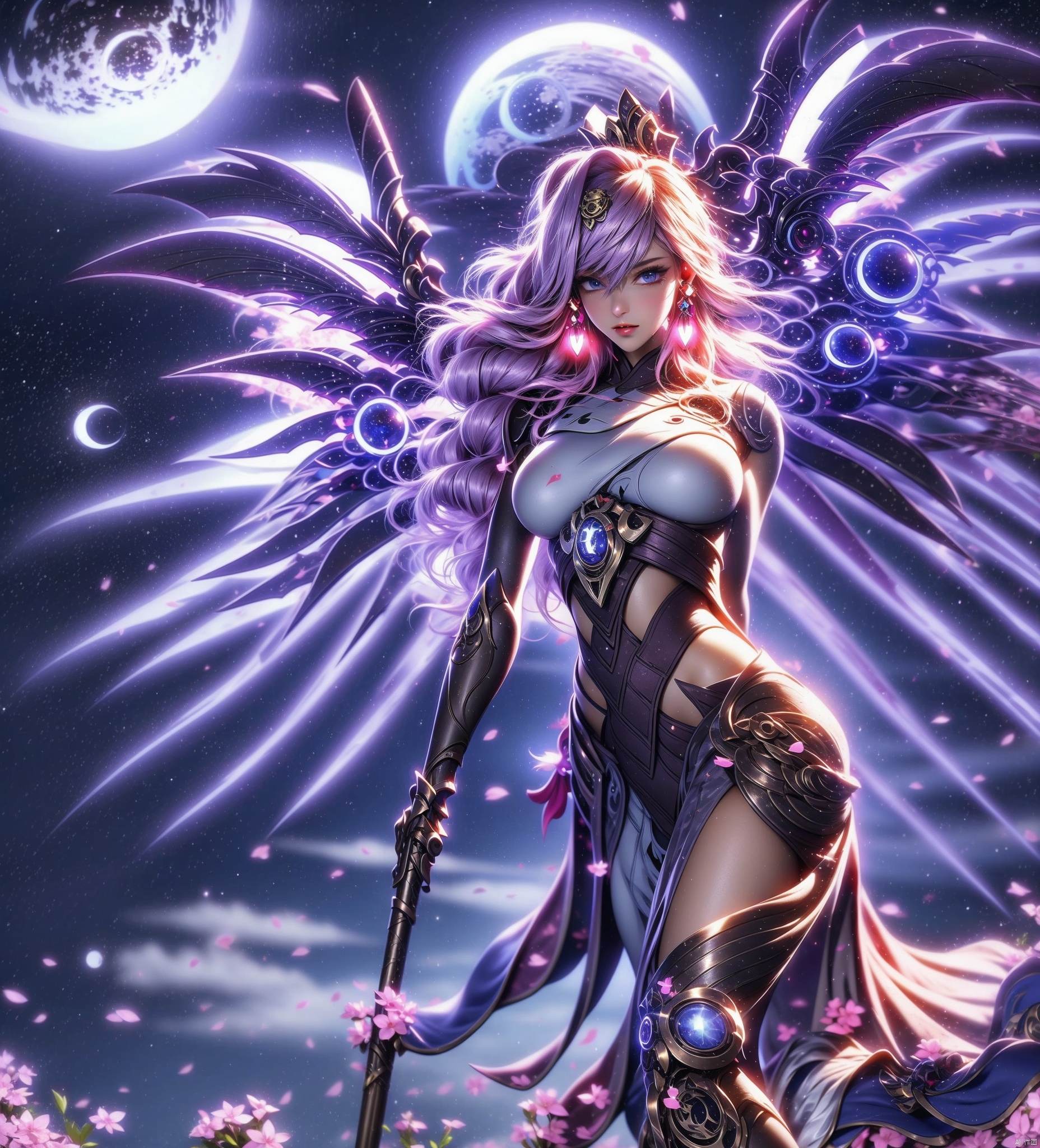 1girl solo long hair breasts looking at viewer blue eyes large breasts thighhighs gloves holding jewelry purple hair cowboy shot earrings boots outdoors parted lips wings sky armor official alternate costume lips hand on hip petals makeup alternate hairstyle night glowing thigh boots halo moon from below crown crescent staff cherry blossoms star \(sky\) night sky pelvic curtain full moon floating starry sky backlighting pink lips nose holding staff armored boots alternate hair color greaves crescent moon faulds mechanical halo blue wings mechanical wings crescent earrings spread wings glowing wings mercy \(overwatch\)