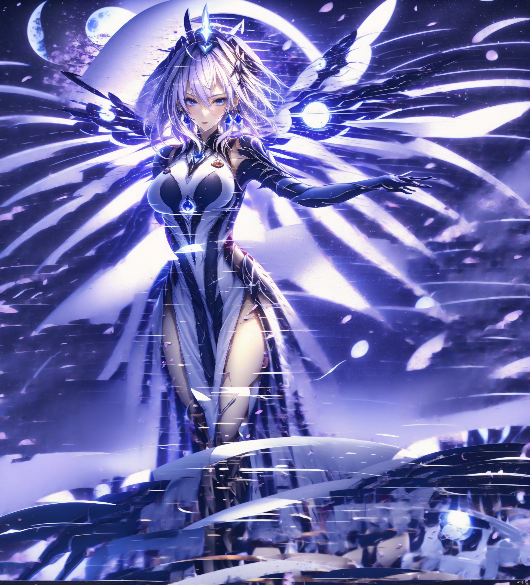 1girl solo long hair breasts looking at viewer blue eyes large breasts thighhighs gloves holding jewelry purple hair cowboy shot earrings boots outdoors parted lips wings sky armor official alternate costume lips hand on hip petals makeup alternate hairstyle night glowing thigh boots halo moon from below crown crescent staff cherry blossoms star \(sky\) night sky pelvic curtain full moon floating starry sky backlighting pink lips nose holding staff armored boots alternate hair color greaves crescent moon faulds mechanical halo blue wings mechanical wings crescent earrings spread wings glowing wings mercy \(overwatch\)