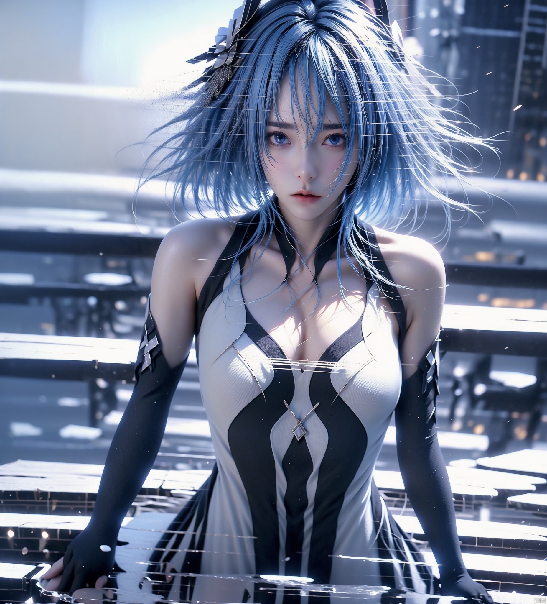 1girl solo long hair breasts looking at viewer bangs blue eyes hair ornament thighhighs gloves hair between eyes bare shoulders medium breasts standing collarbone cowboy shot parted lips black gloves elbow gloves leotard floating hair