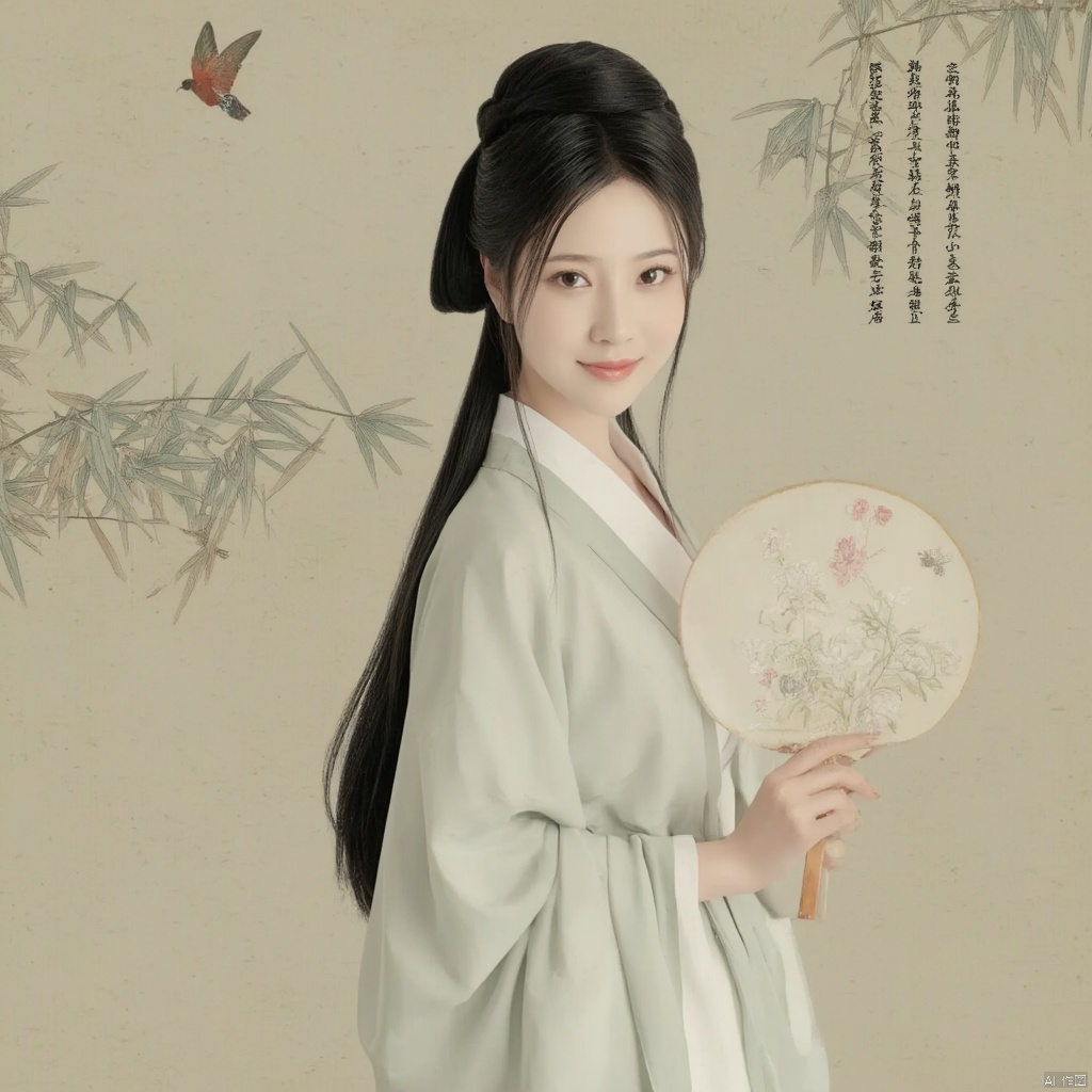 Photograph young woman in traditional Chinese hanfu holding a round fan long black hair styled in a traditional updo serene expression delicate floral embroidery on her robe soft pastel colors elegant and poised bamboo background with calligraphy ethereal and tranquil atmosphere., macp style, 1girl, macp background, hair bun, solo, hanfu, long hair, looking at viewer, smile, black hair, long sleeves, holding, standing, black eyes, bird, macp-fan, holding macp-fan, realistic
