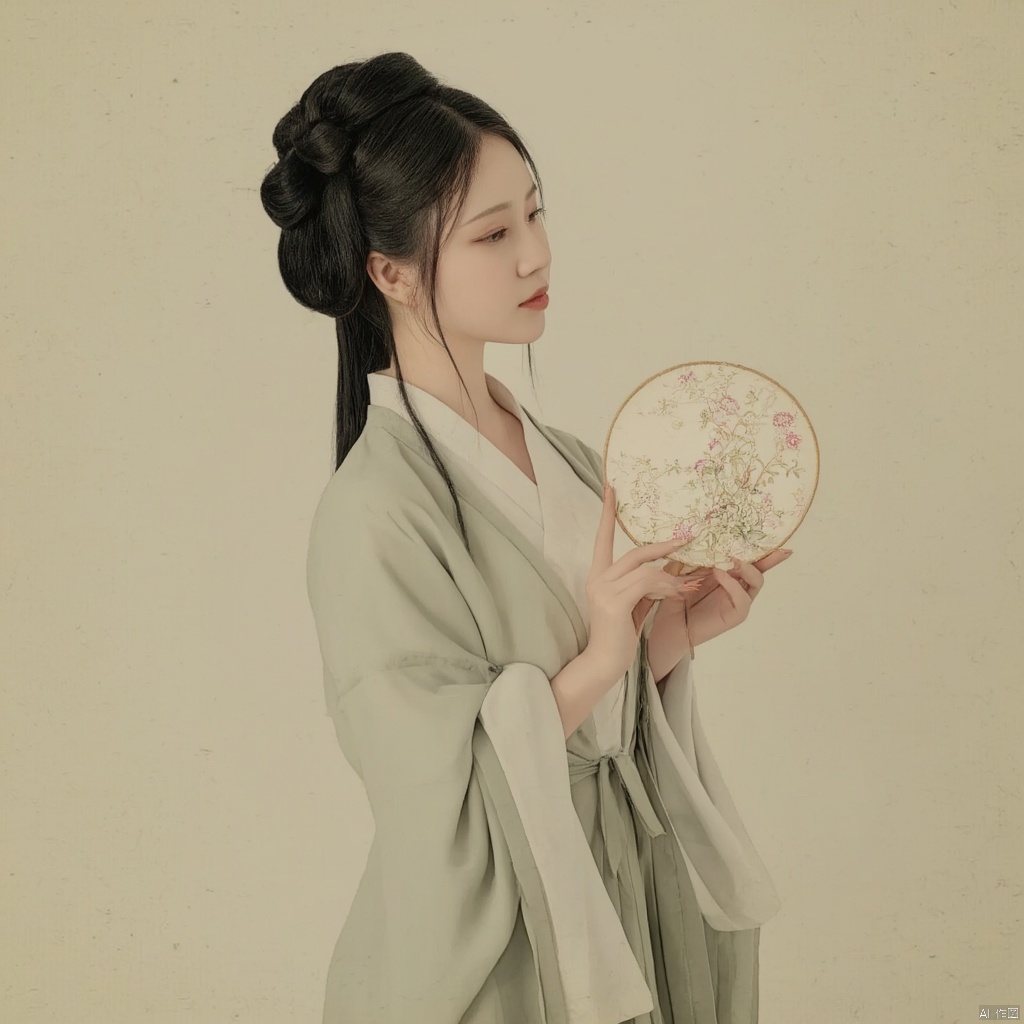 Photograph traditional Chinese painting style woman in Hanfu elegant pose holding a round fan with floral design intricate hair ornaments soft lighting serene expression delicate floral embroidery on her robe muted colors historical ambiance poised and graceful demeanor cultural heritage historical elegance., macp style, 1girl, macp background, hair bun, solo, hanfu, black hair, long sleeves, ribbon, holding, closed mouth, upper body, black eyes, looking to the side, makeup, looking away, macp-fan, realistic, red lips, holding macp-fan, simple background, hands up, looking down, updo
