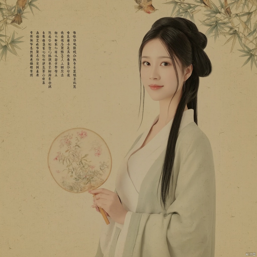 Photograph young woman in traditional Chinese hanfu holding a round fan long black hair styled in a traditional updo serene expression delicate floral embroidery on her robe soft pastel colors elegant and poised bamboo background with calligraphy ethereal and tranquil atmosphere., macp style, 1girl, macp background, hair bun, solo, hanfu, long hair, looking at viewer, smile, black hair, long sleeves, holding, standing, black eyes, bird, macp-fan, holding macp-fan, realistic
