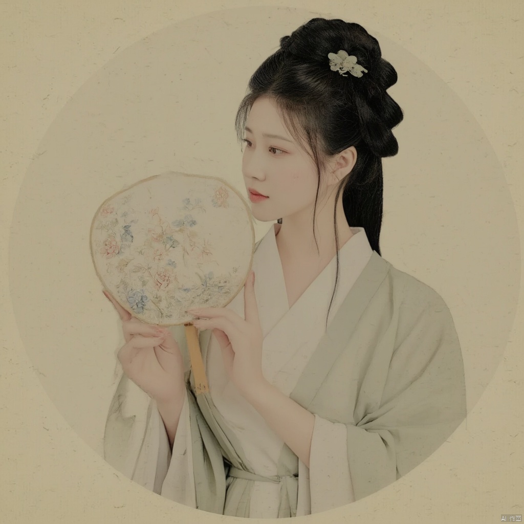 Photograph traditional Chinese painting style woman in Hanfu elegant pose holding a round fan with floral design intricate hair ornaments soft lighting serene expression delicate floral embroidery on her robe muted colors historical ambiance poised and graceful demeanor cultural heritage historical elegance., macp style, 1girl, macp background, hair bun, solo, hanfu, black hair, long sleeves, ribbon, holding, closed mouth, upper body, black eyes, looking to the side, makeup, looking away, macp-fan, realistic, red lips, holding macp-fan, simple background, hands up, looking down, updo
